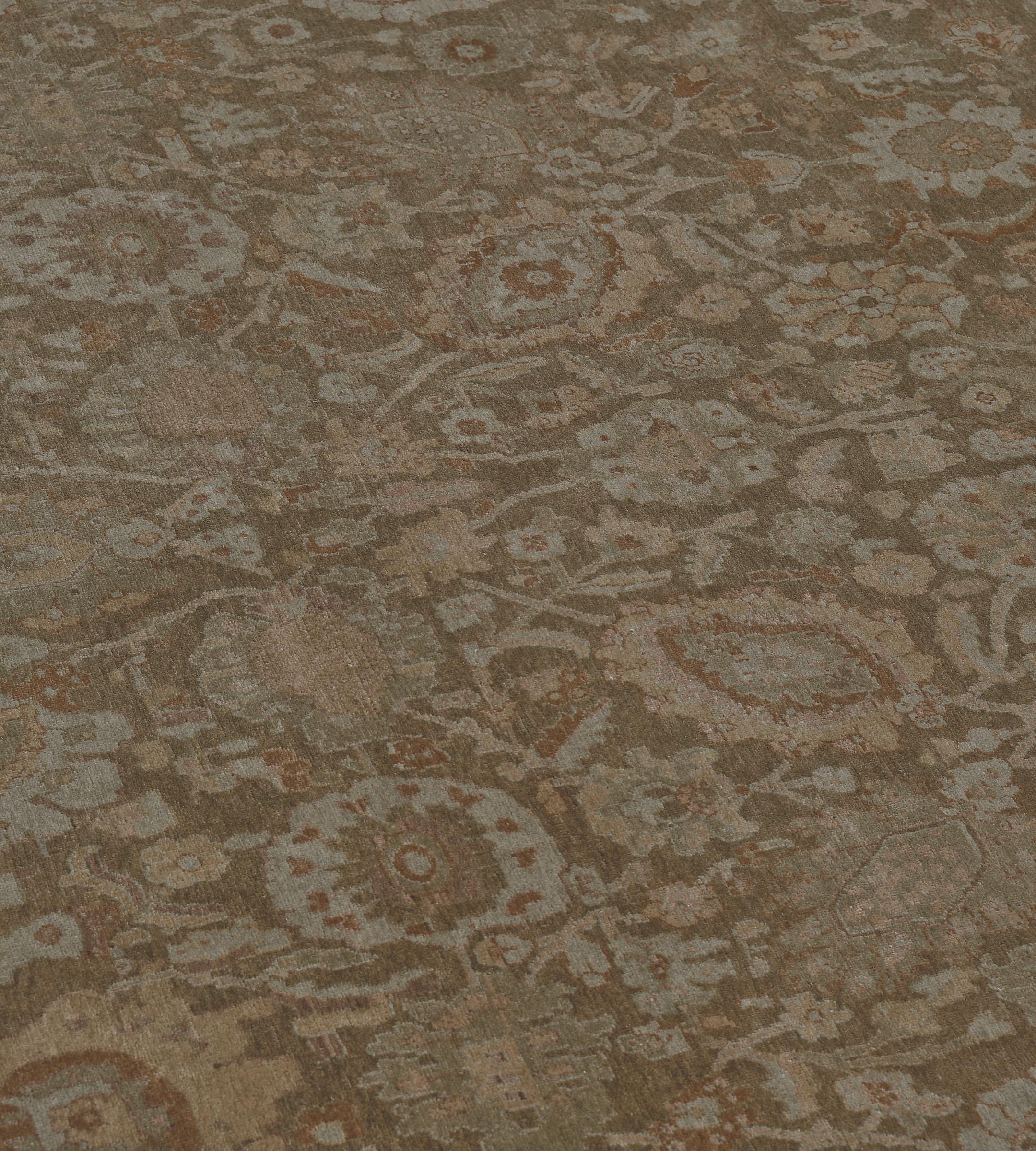 Contemporary Hand-Woven Muted Brown Floral Tabriz Inspired Rug For Sale 2
