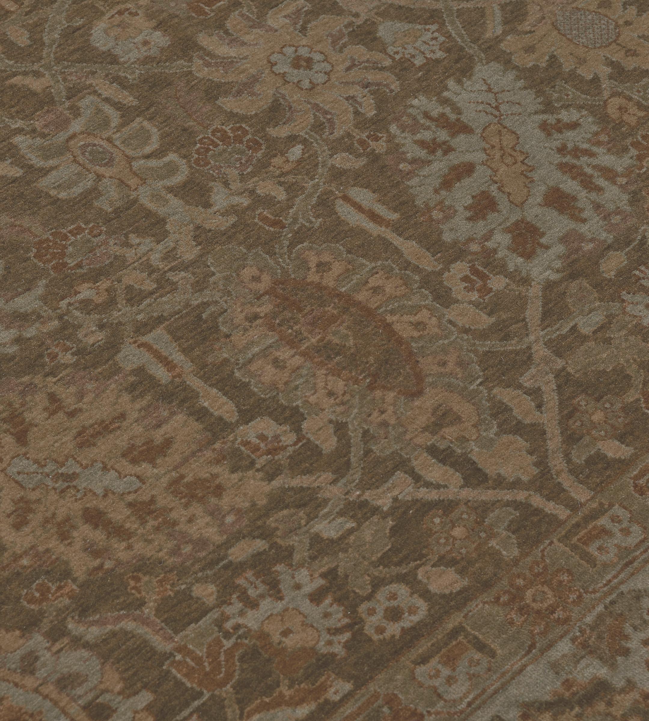 Turkish Contemporary Hand-Woven Muted Brown Floral Tabriz Inspired Rug For Sale