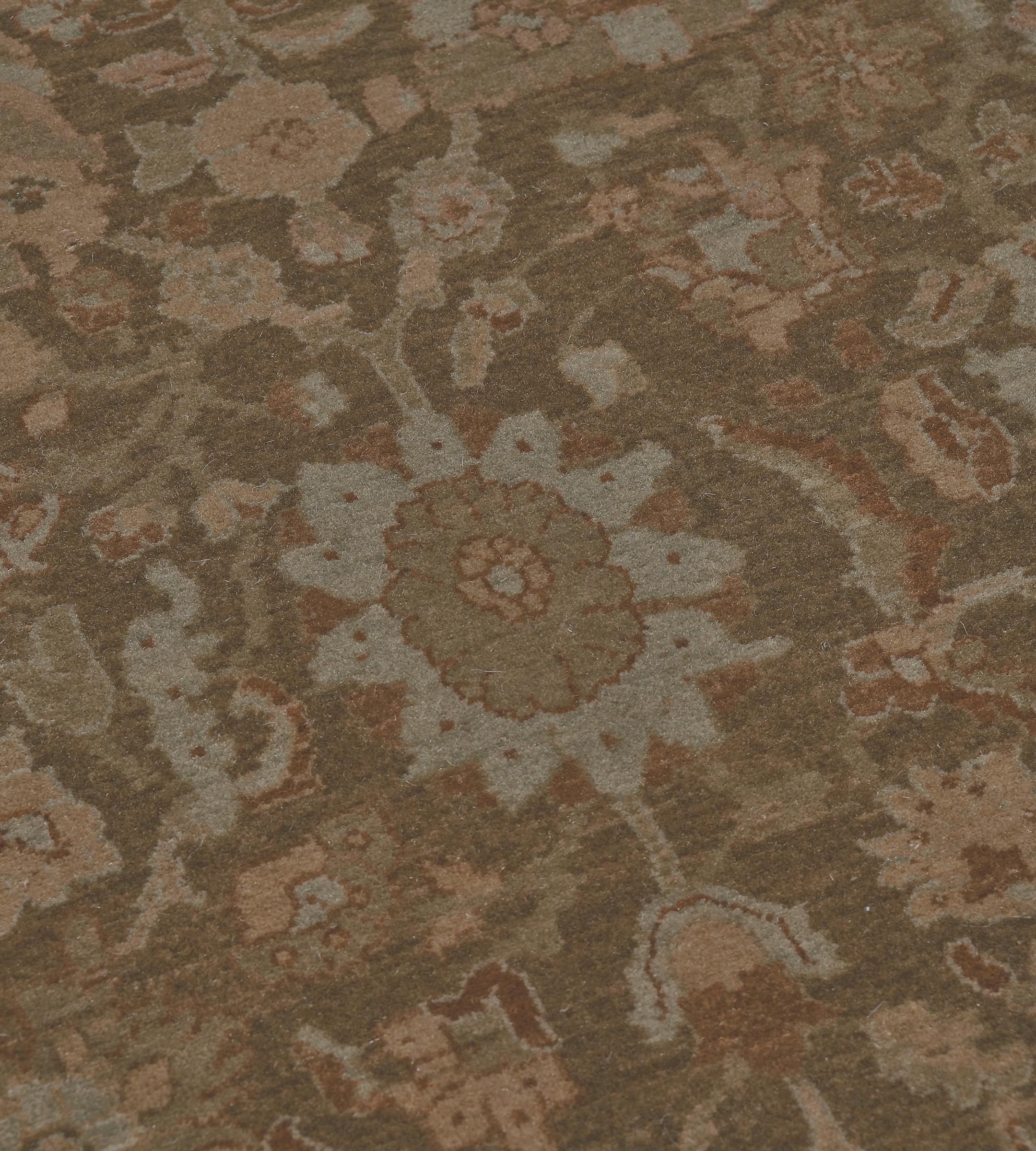Wool Contemporary Hand-Woven Muted Brown Floral Tabriz Inspired Rug For Sale
