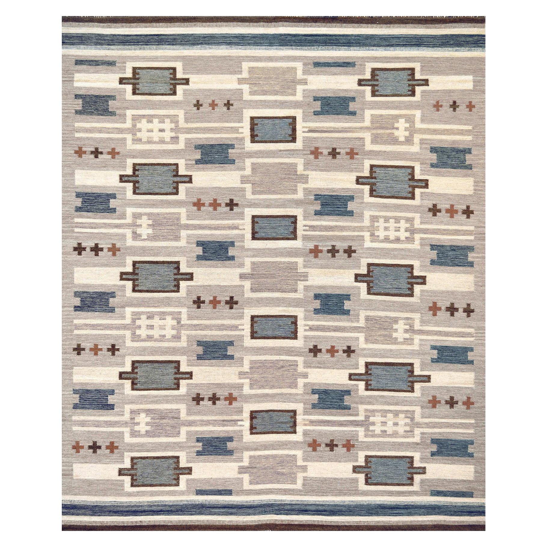Tappeto contemporaneo a tessitura piatta in stile svedese intrecciato a mano, di colore grigio, bianco e blu.