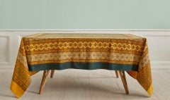 Contemporary Handblock Printed Natural Dyed Yellow Cotton Tablecloth, India