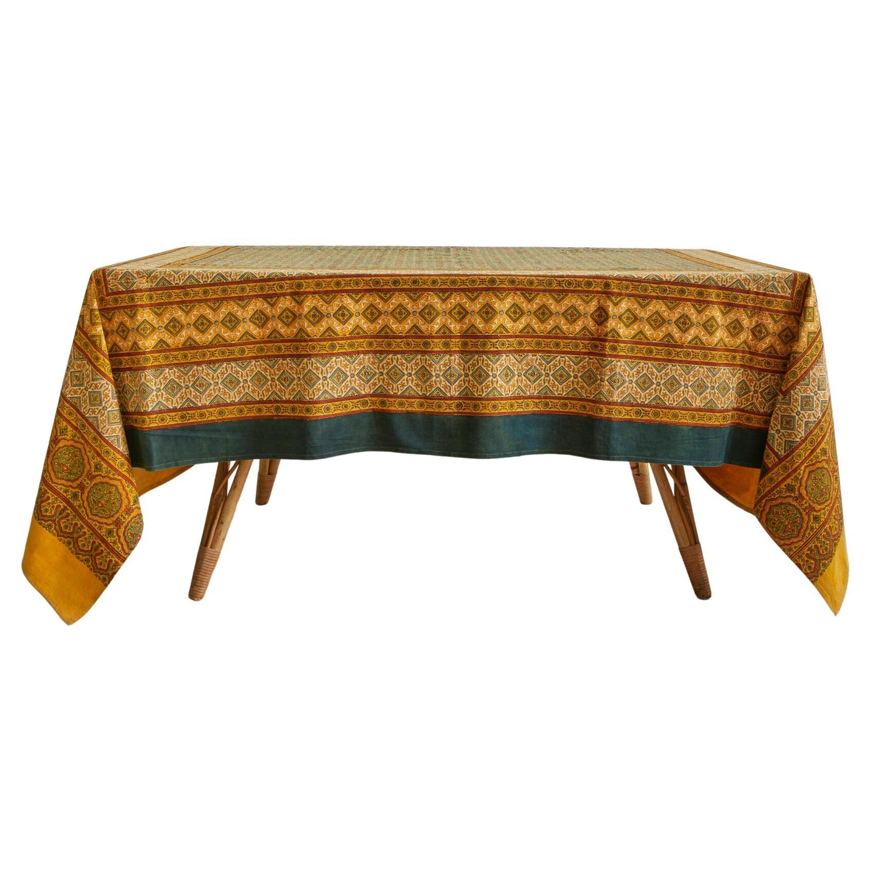 Contemporary Handblock Printed Natural Dyed Yellow Cotton Tablecloth, India For Sale