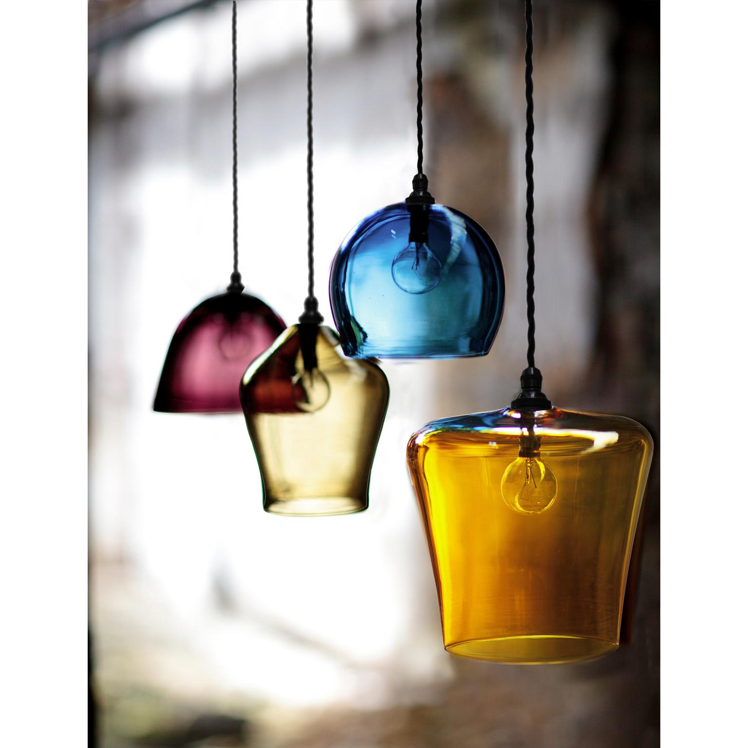 English Contemporary Handblown Colored Glass Pendant, Blue, Yellow, Red, Olive, Purple For Sale
