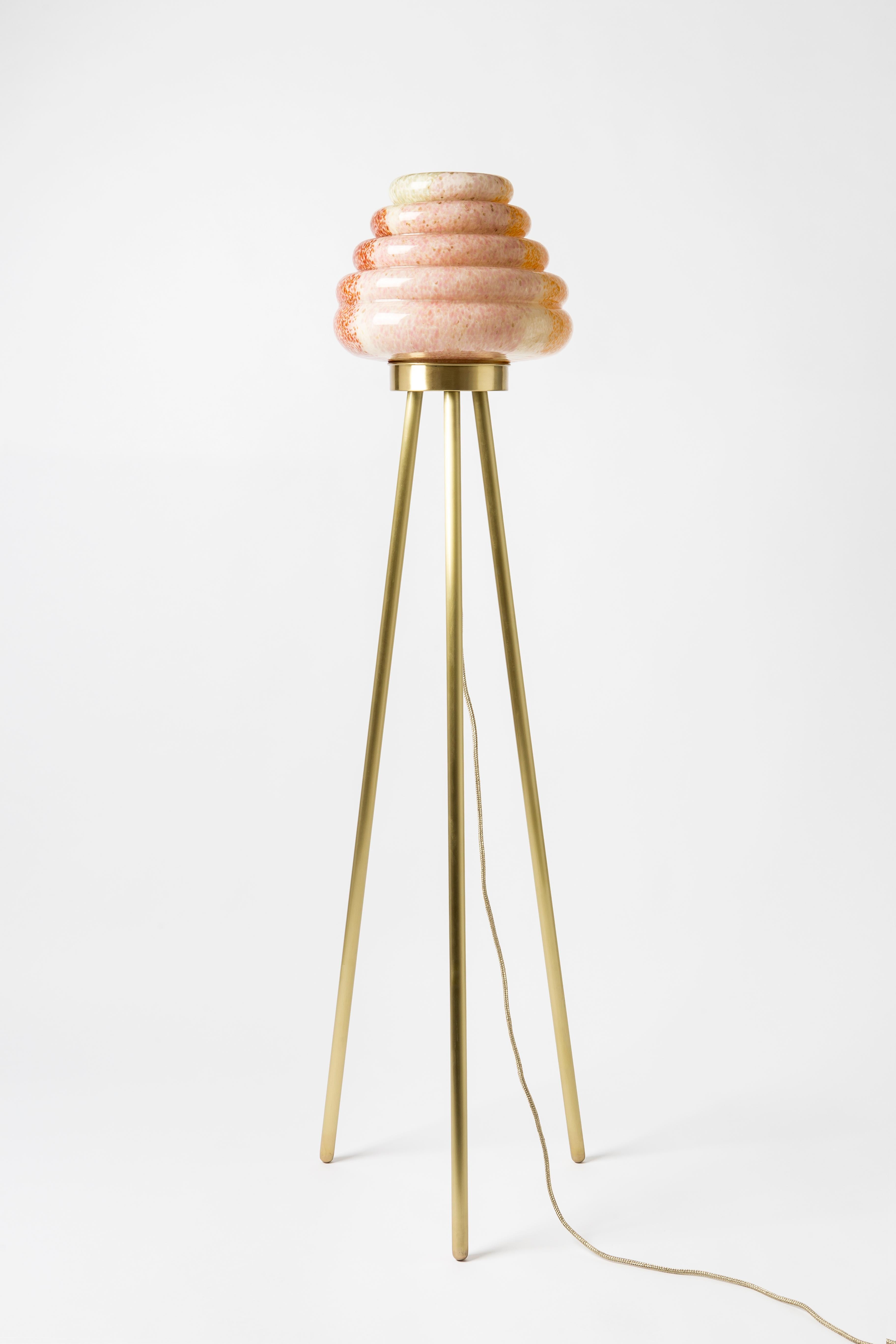 Arts and Crafts Contemporary Handblown Glass Colmena Floor Lamp with Brass Legs For Sale
