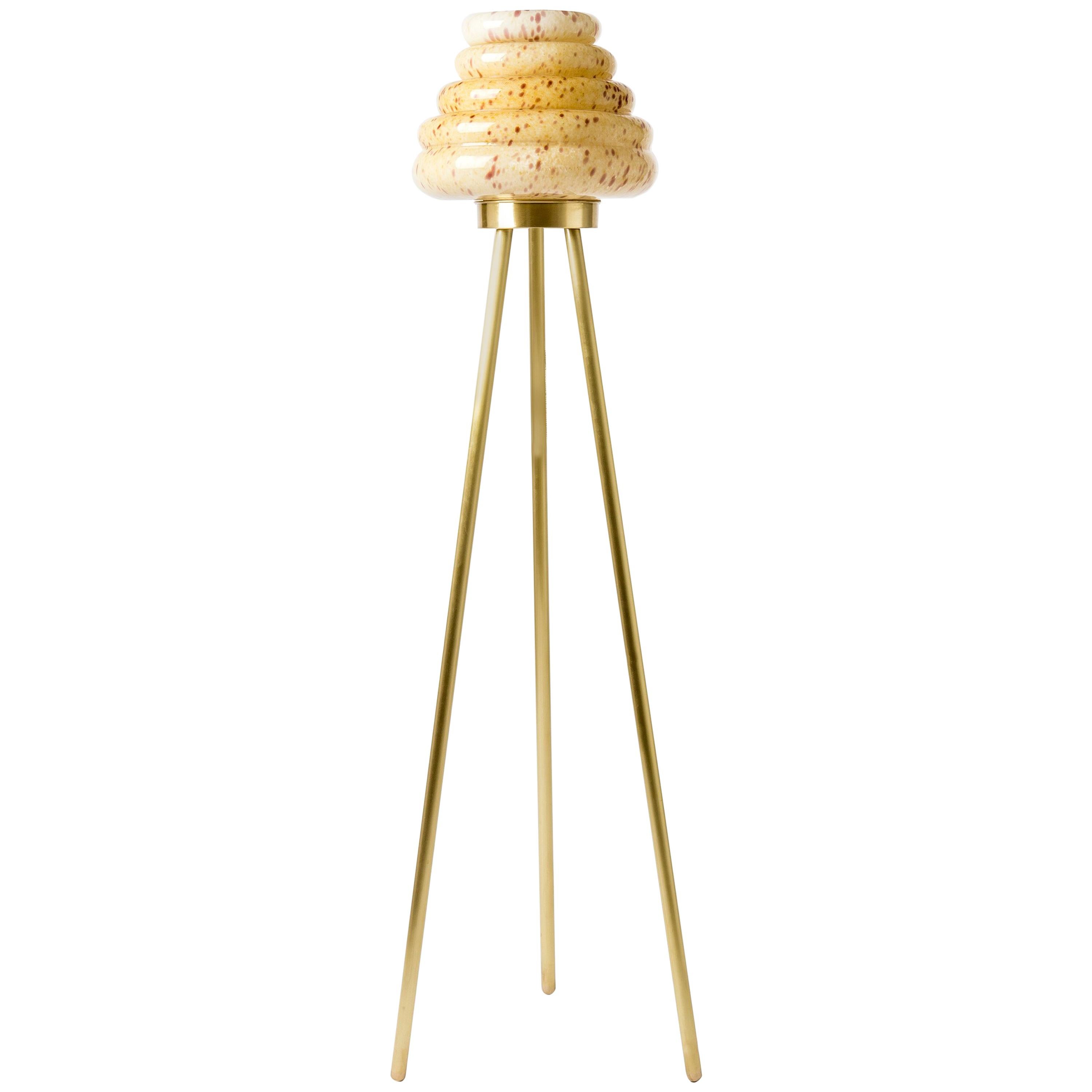 Contemporary Handblown Glass Colmena Floor Lamp with Brass Legs For Sale