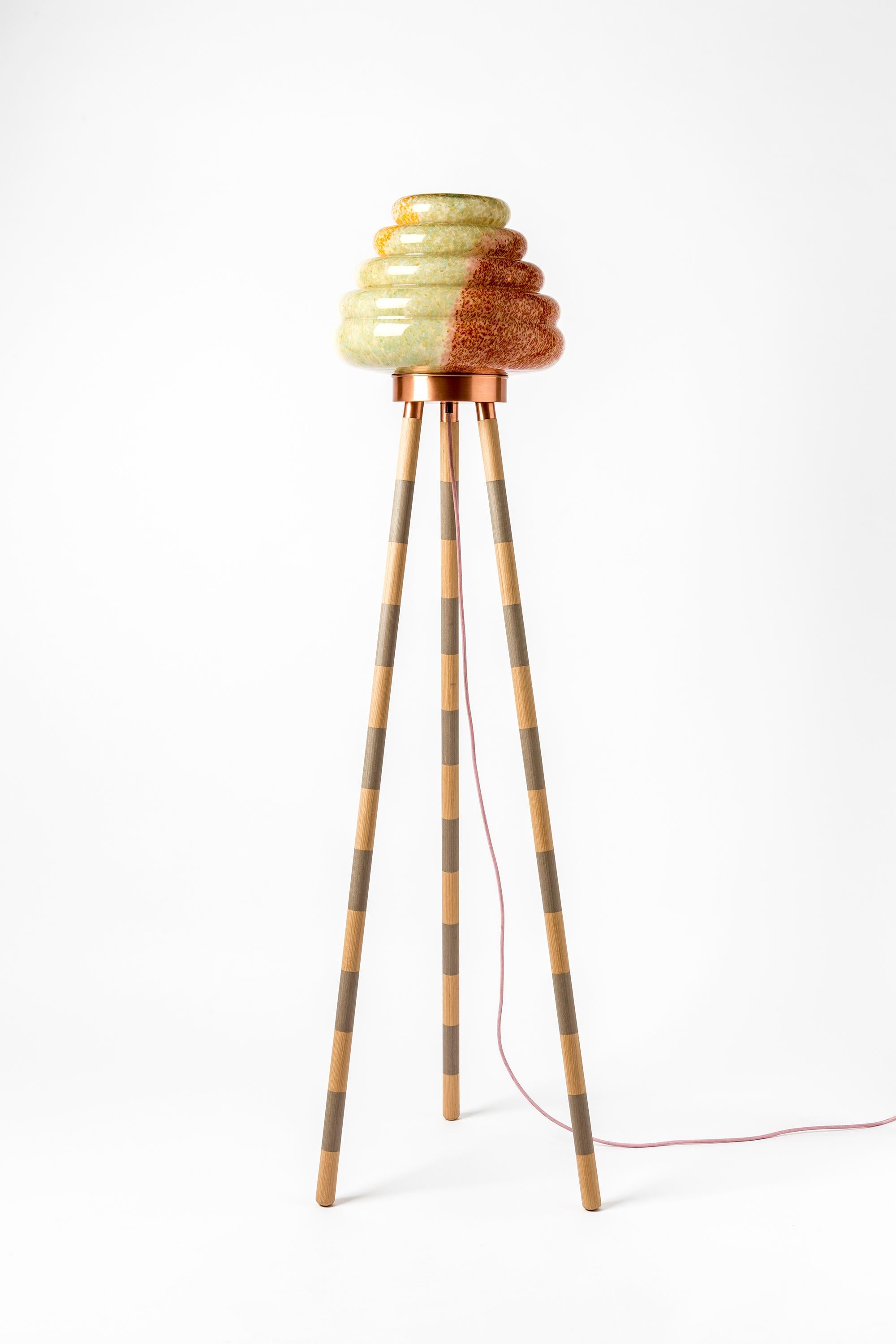 Arts and Crafts Contemporary Handblown Glass Colmena Floor Lamp with Wooden Legs For Sale