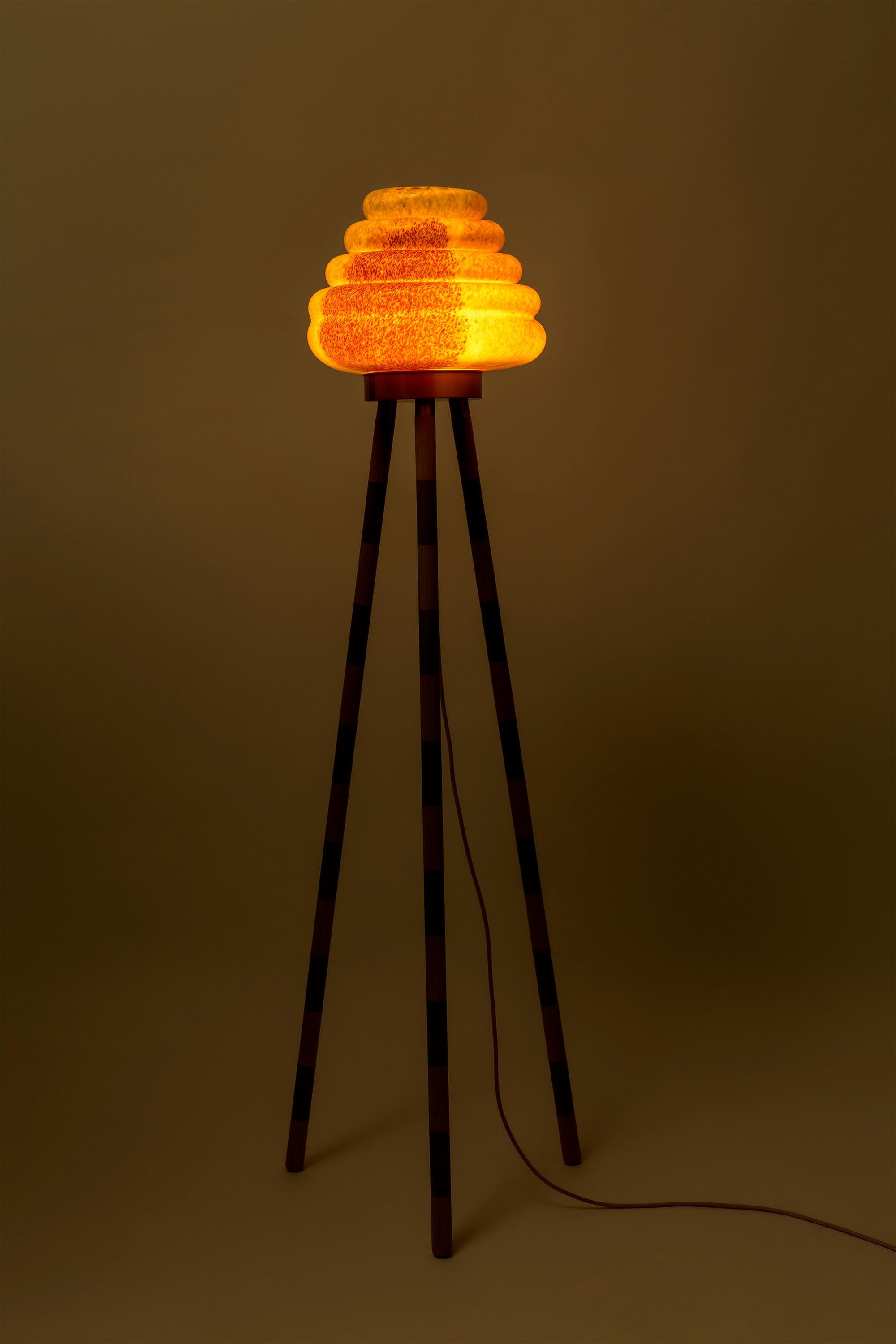 Turkish Contemporary Handblown Glass Colmena Floor Lamp with Wooden Legs For Sale