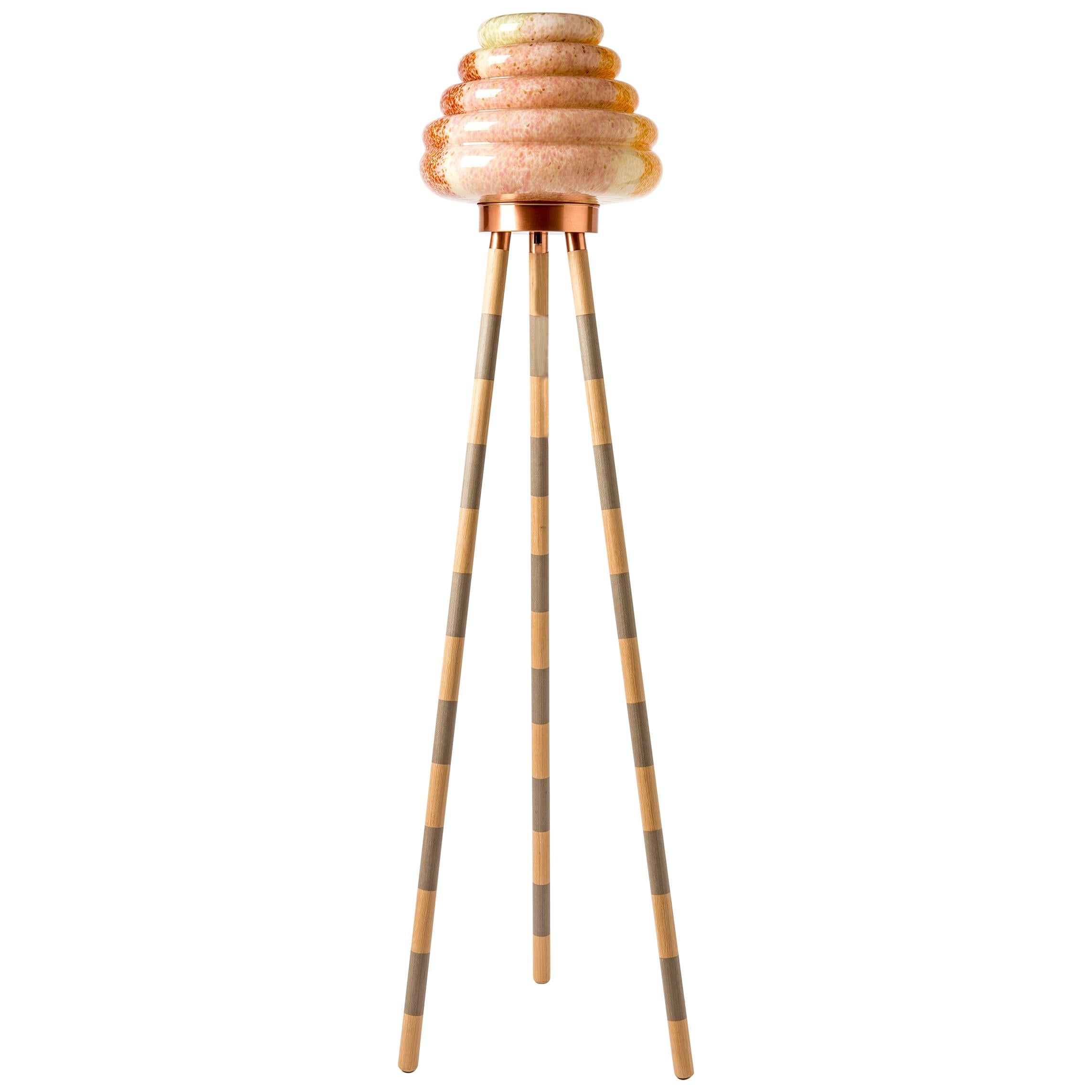 Contemporary Handblown Glass Colmena Floor Lamp with Wooden Legs For Sale