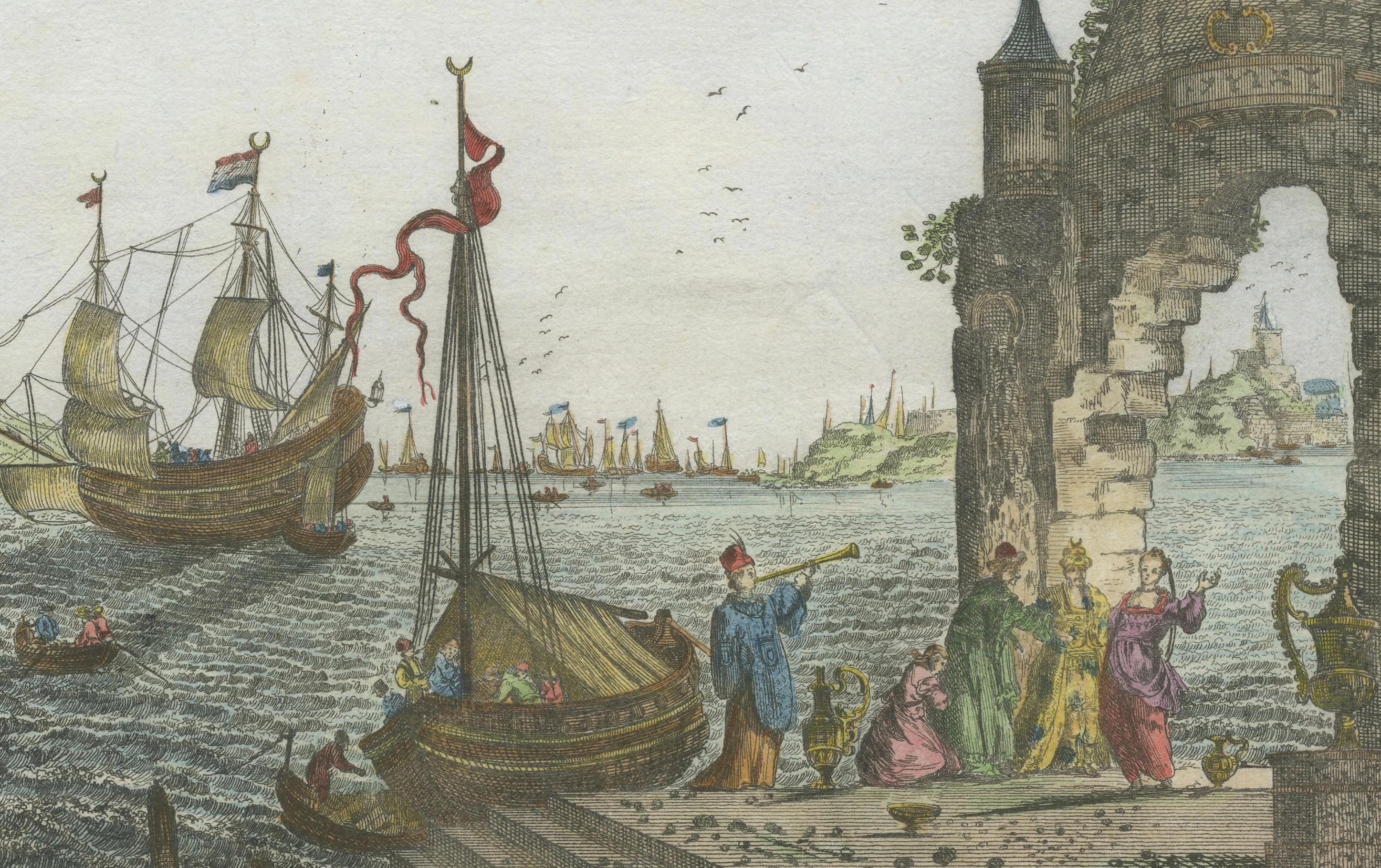 Zeitgenössische handkolorierte optische Ansicht von Konstantinopel, um 1760 im Zustand „Gut“ im Angebot in Langweer, NL
