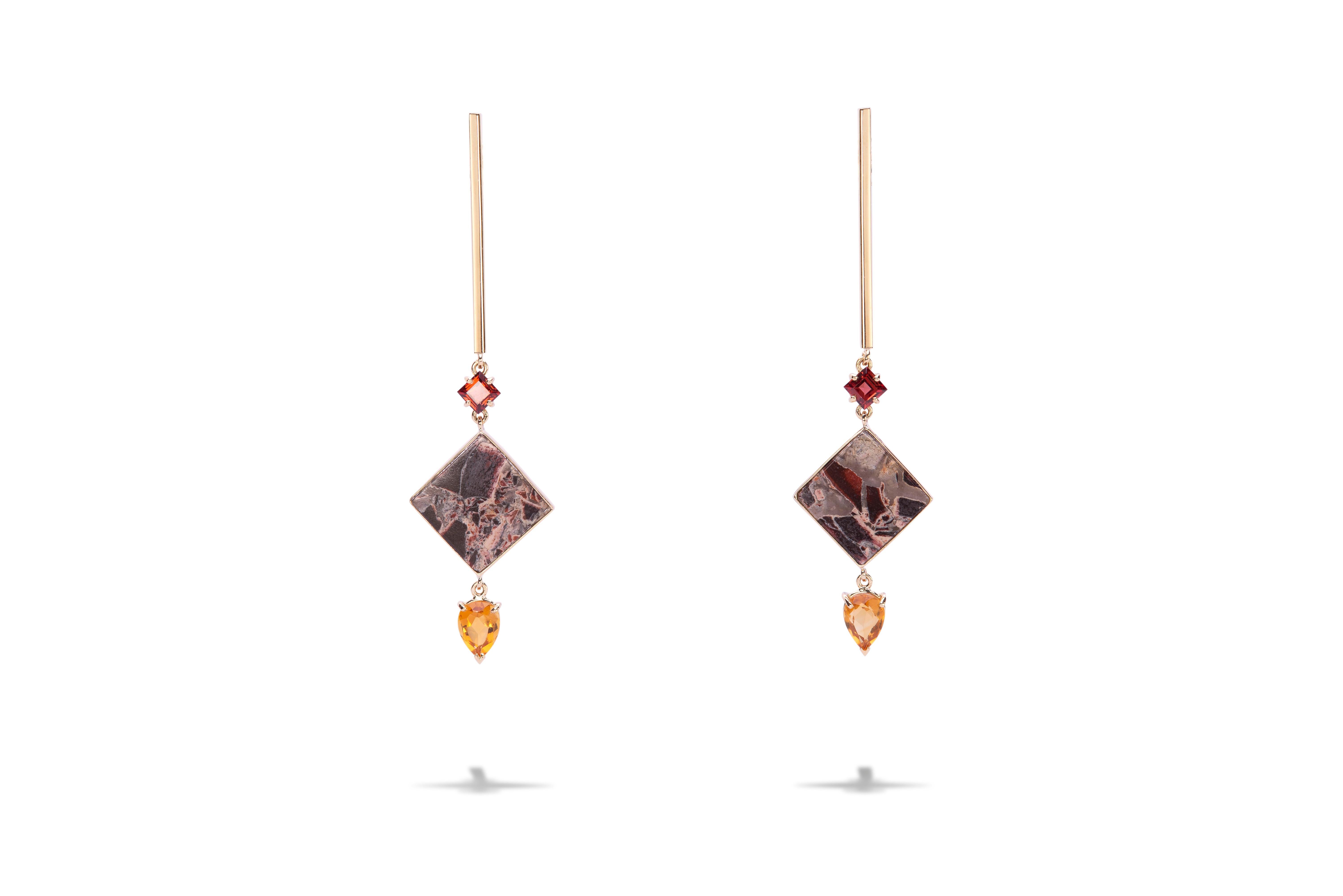 Mixed Cut Contemporary Handcrafted 18 Karat Yellow Gold Garnet Citrine Design Earrings For Sale