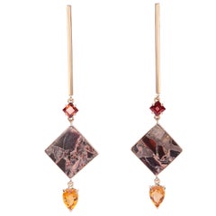 Contemporary Handcrafted 18K Yellow Gold Garnet Citrine Jasper Design Earrings