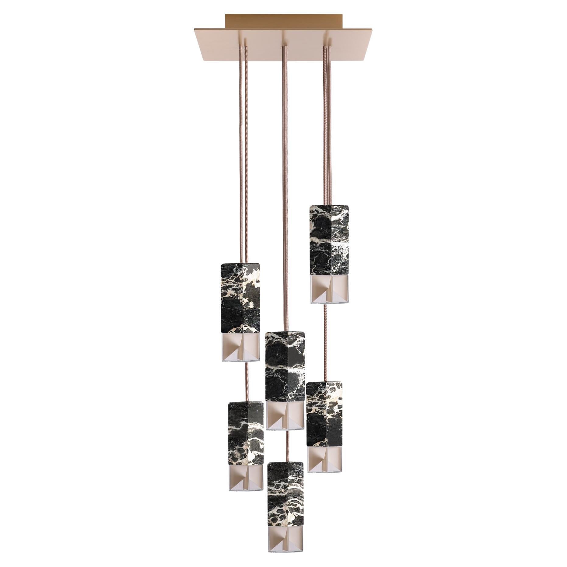 Minimalist 6 Light Chandelier Gold Black Marble Handmade by Formaminima For Sale