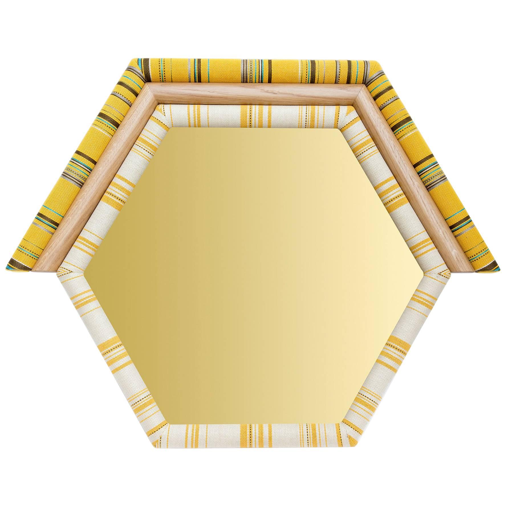 Contemporary Handcrafted American White Oak Yellow Pontiac Hexagon Mirror