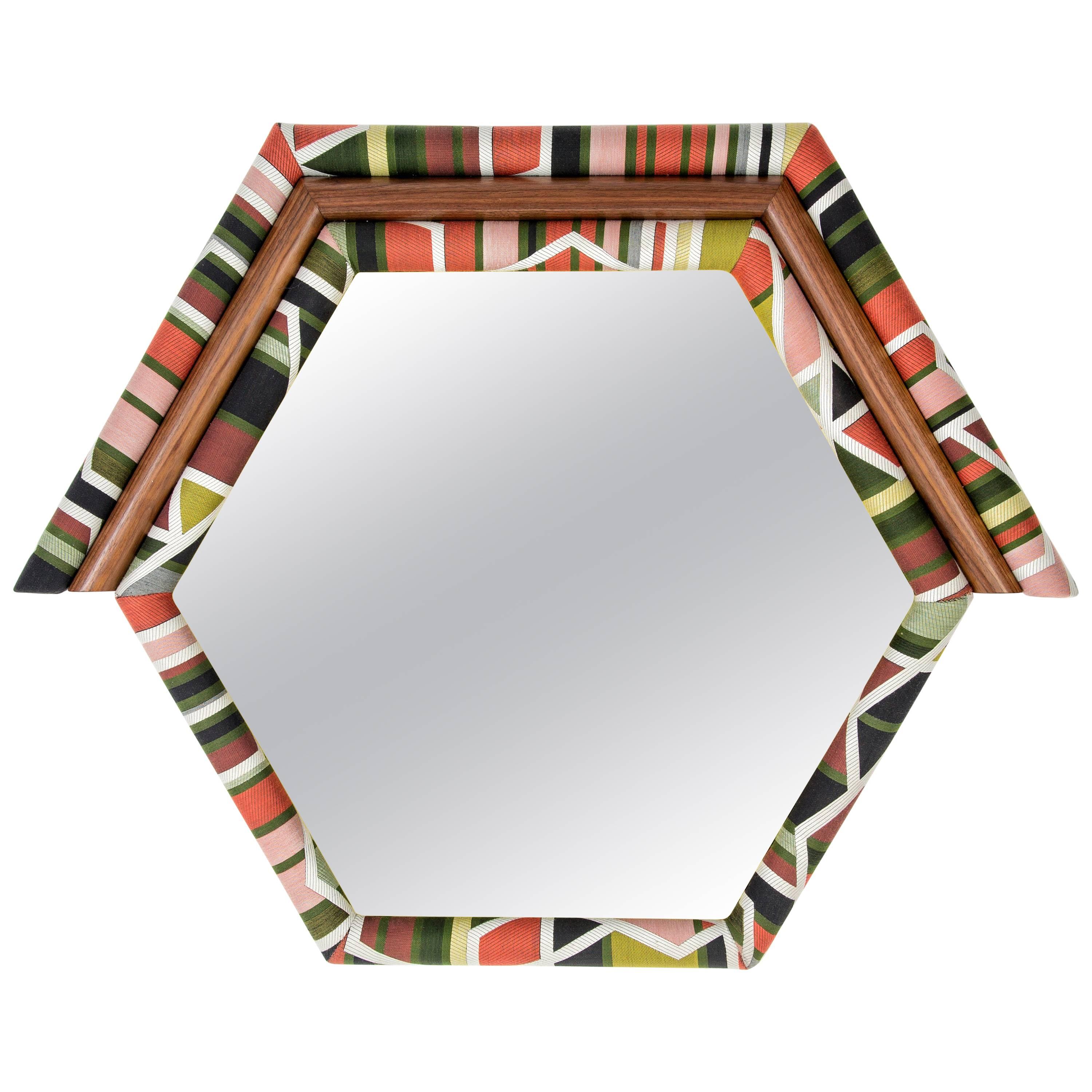 Contemporary Handcrafted and Upholstered American Walnut Pontiac Hexagon Mirror