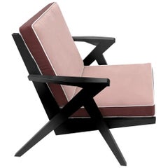 Contemporary Armchair in Wooden Structure and Pink Velvet Finish