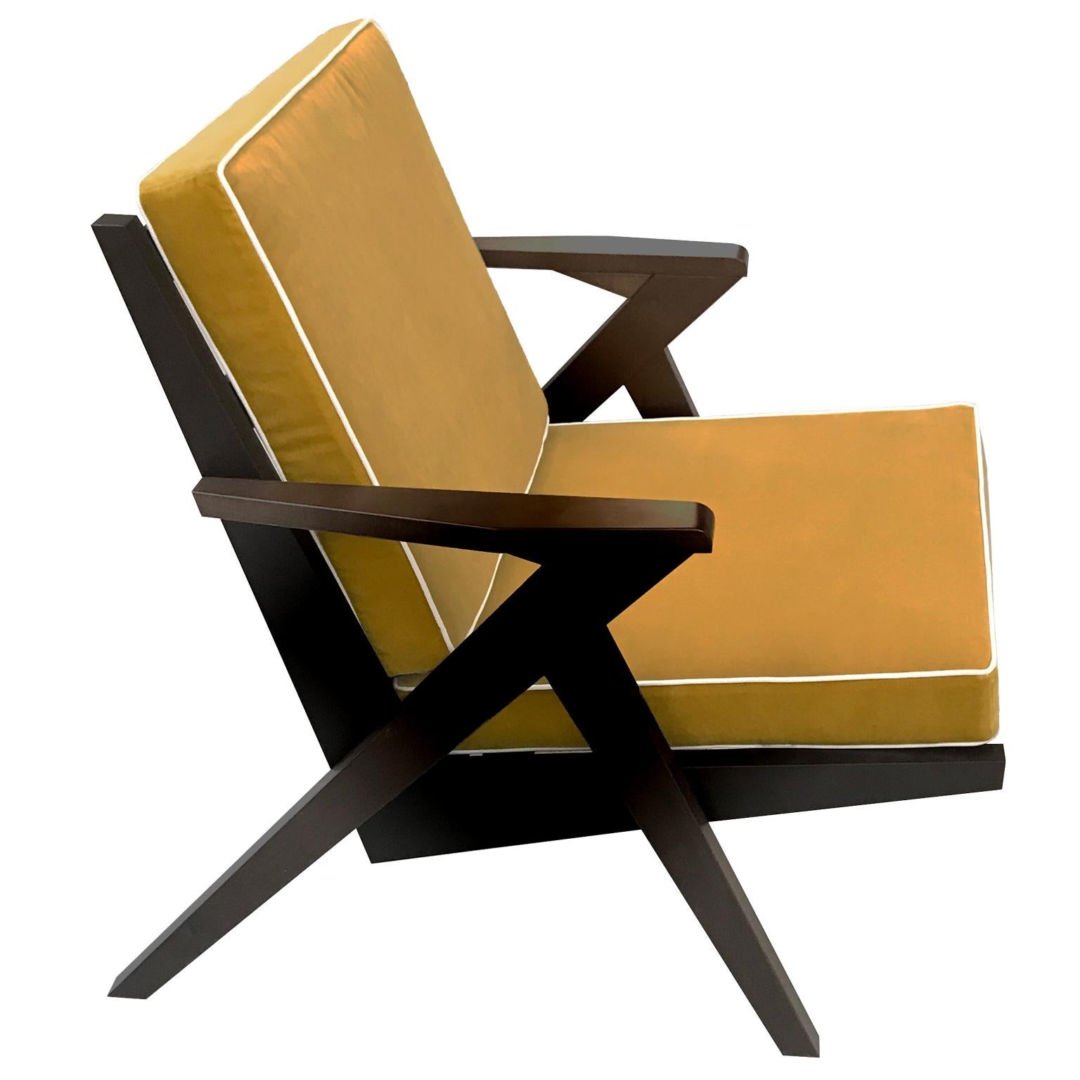 Contemporary Armchair in Wooden Structure and Yellow Velvet Finish For Sale