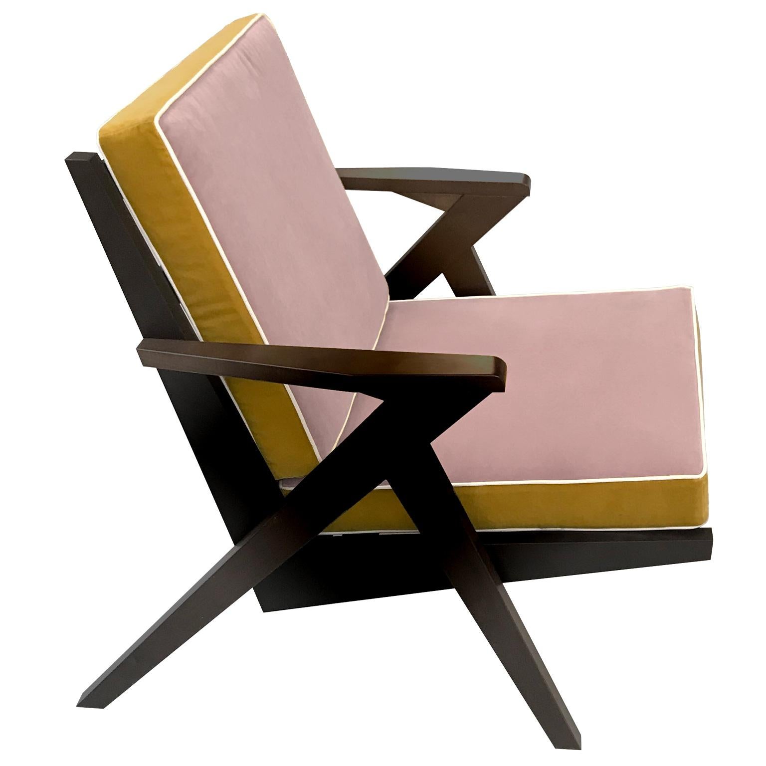 Contemporary Armchair in Wood with Pink and Yellow Velvet Finish For Sale