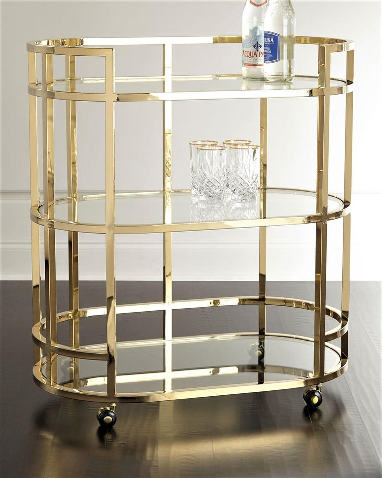 Contemporary Bar Cart with 3 Glass Shelves Finished in Polished Brass