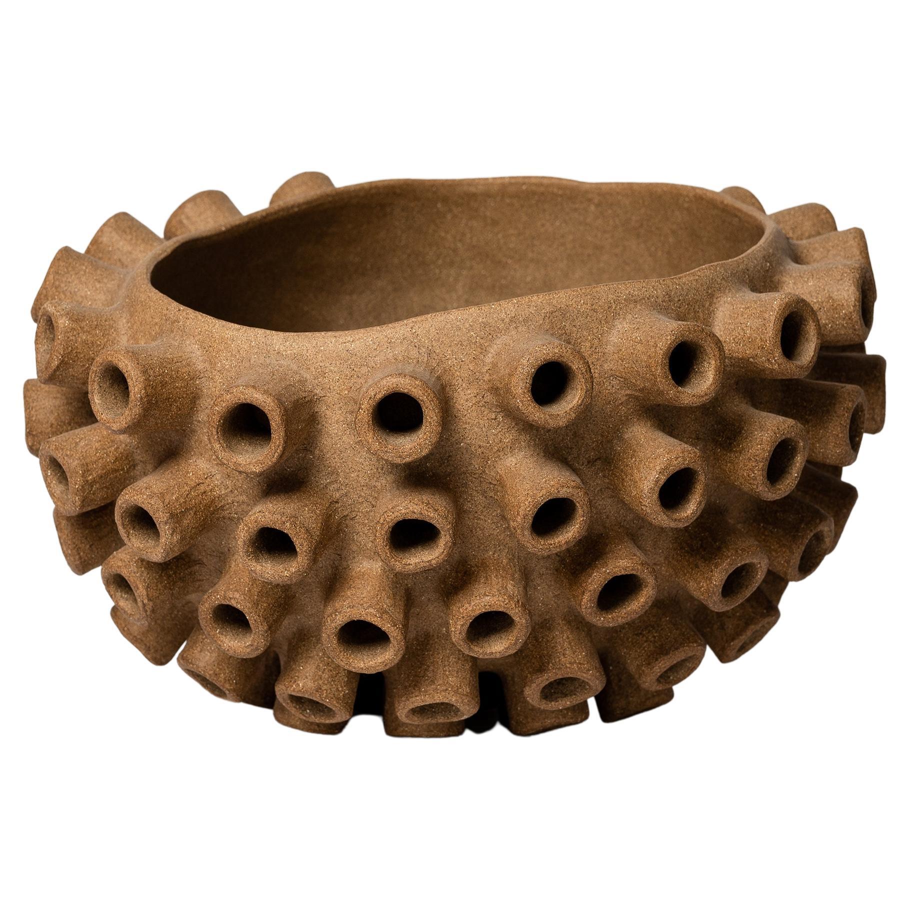 Contemporary Handcrafted brown ceramic textured Octopus bowl by Julie Bergeron