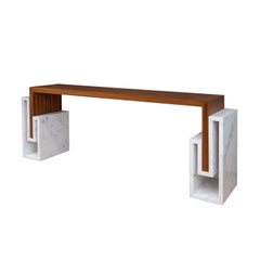 Contemporary Handcrafted Console "Alke" in Wood with Marble Pedestals by Anaktae