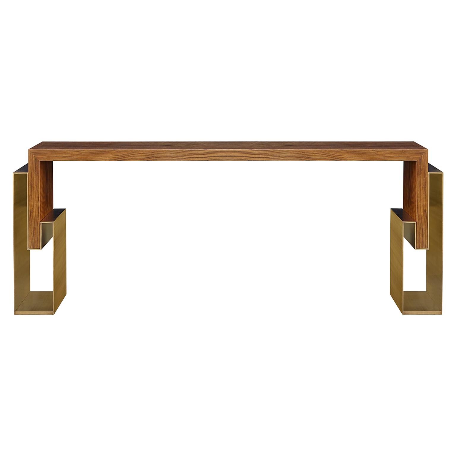 Contemporary Handcrafted Console "Alke" in Wood with Brass Pedestals by Anaktae