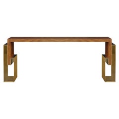 Contemporary Handcrafted Console "Alke" in Wood with Brass Pedestals by Anaktae