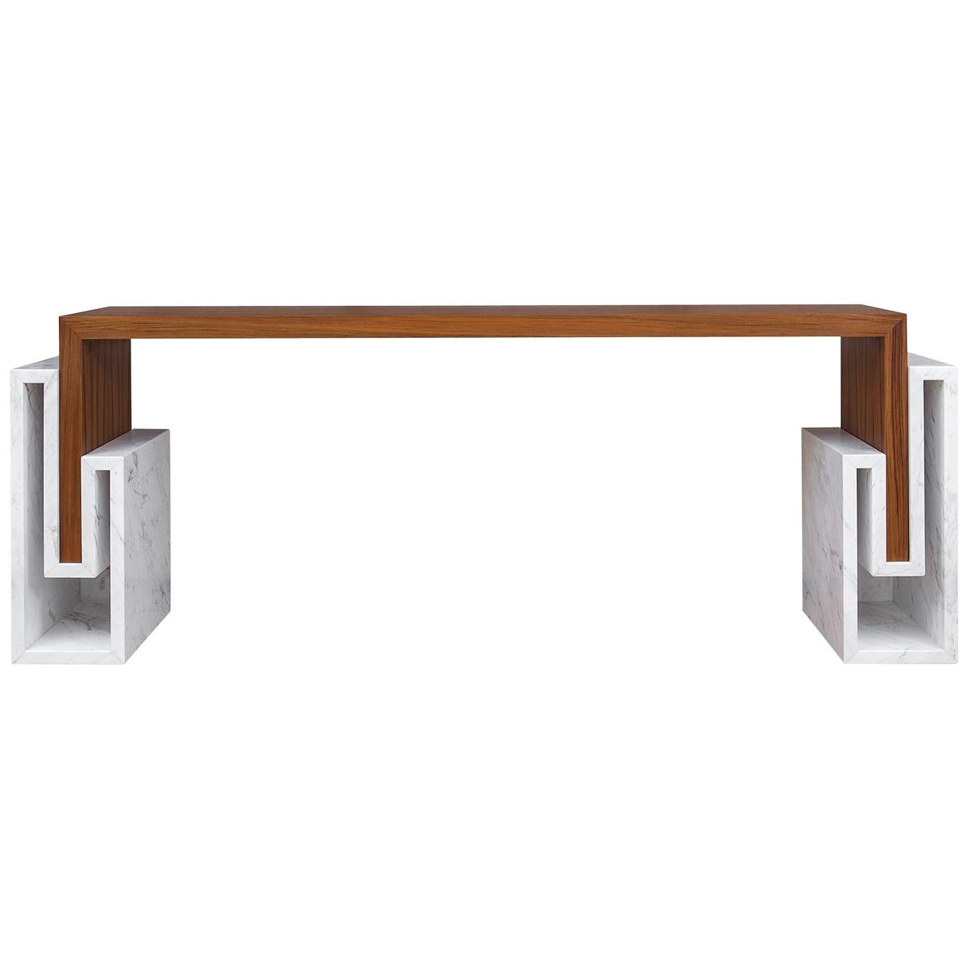 Contemporary Handcrafted Console "Alke" in Wood with Marble Pedestals by Anaktae For Sale