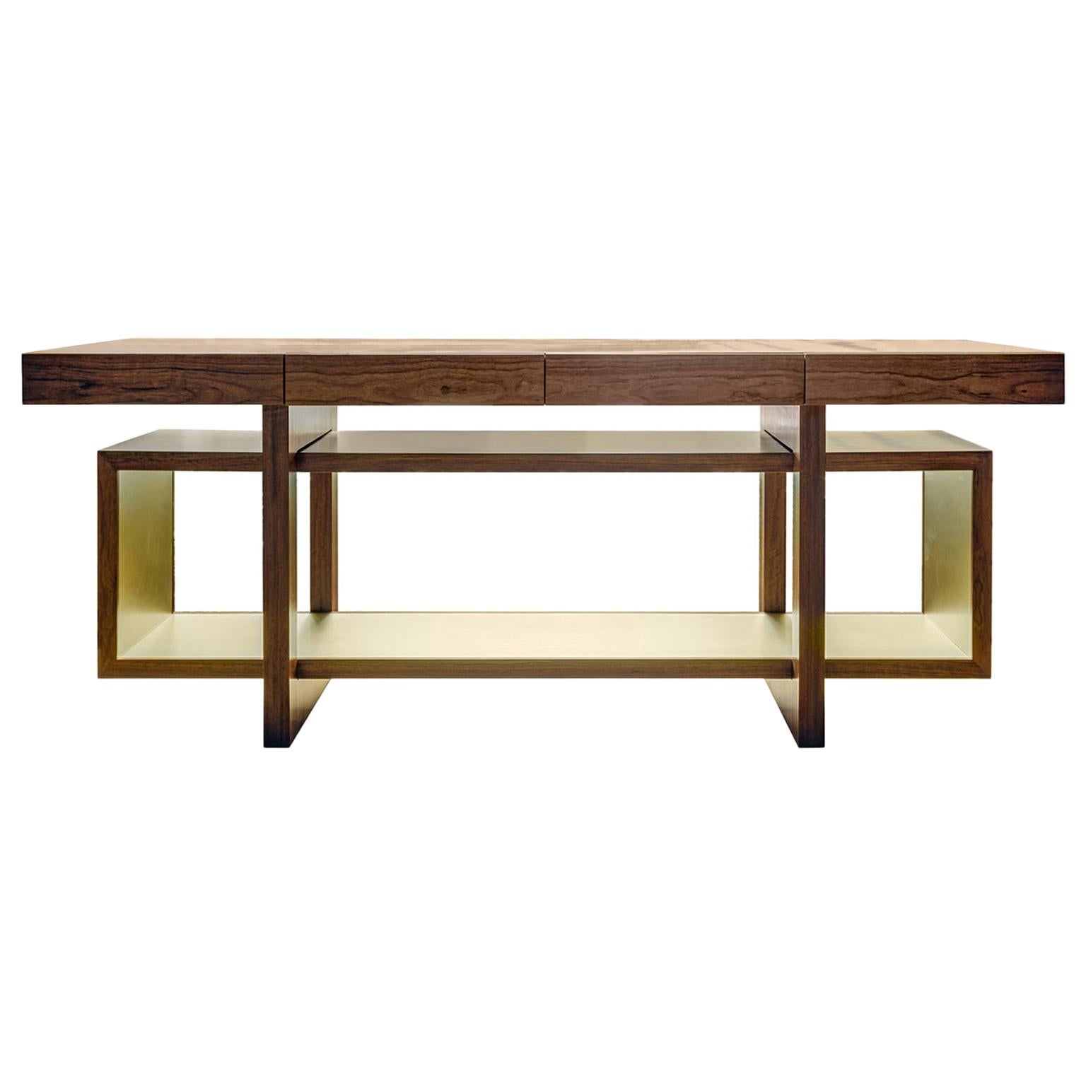 Contemporary Handcrafted Console "Oeneus" in Wood, Lined with Brass by Anaktae
