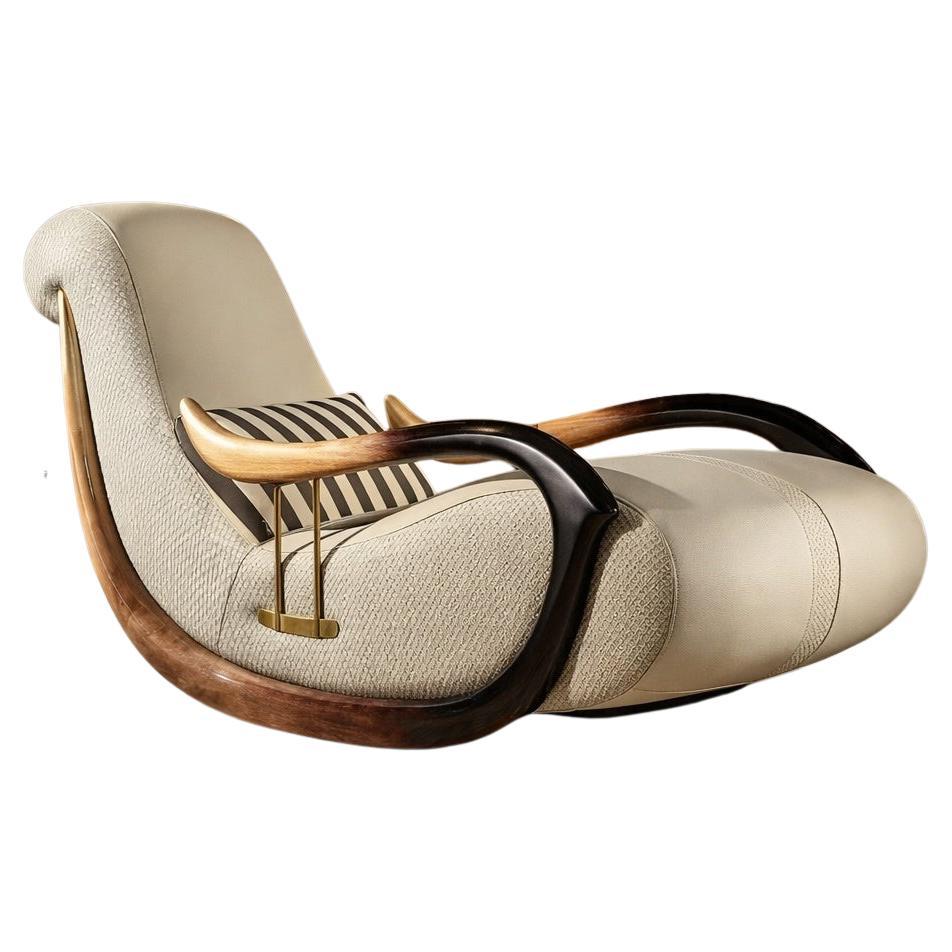 Contemporary Handcrafted Lounge Chair in Woven Leather, Russian Wood and Brass
