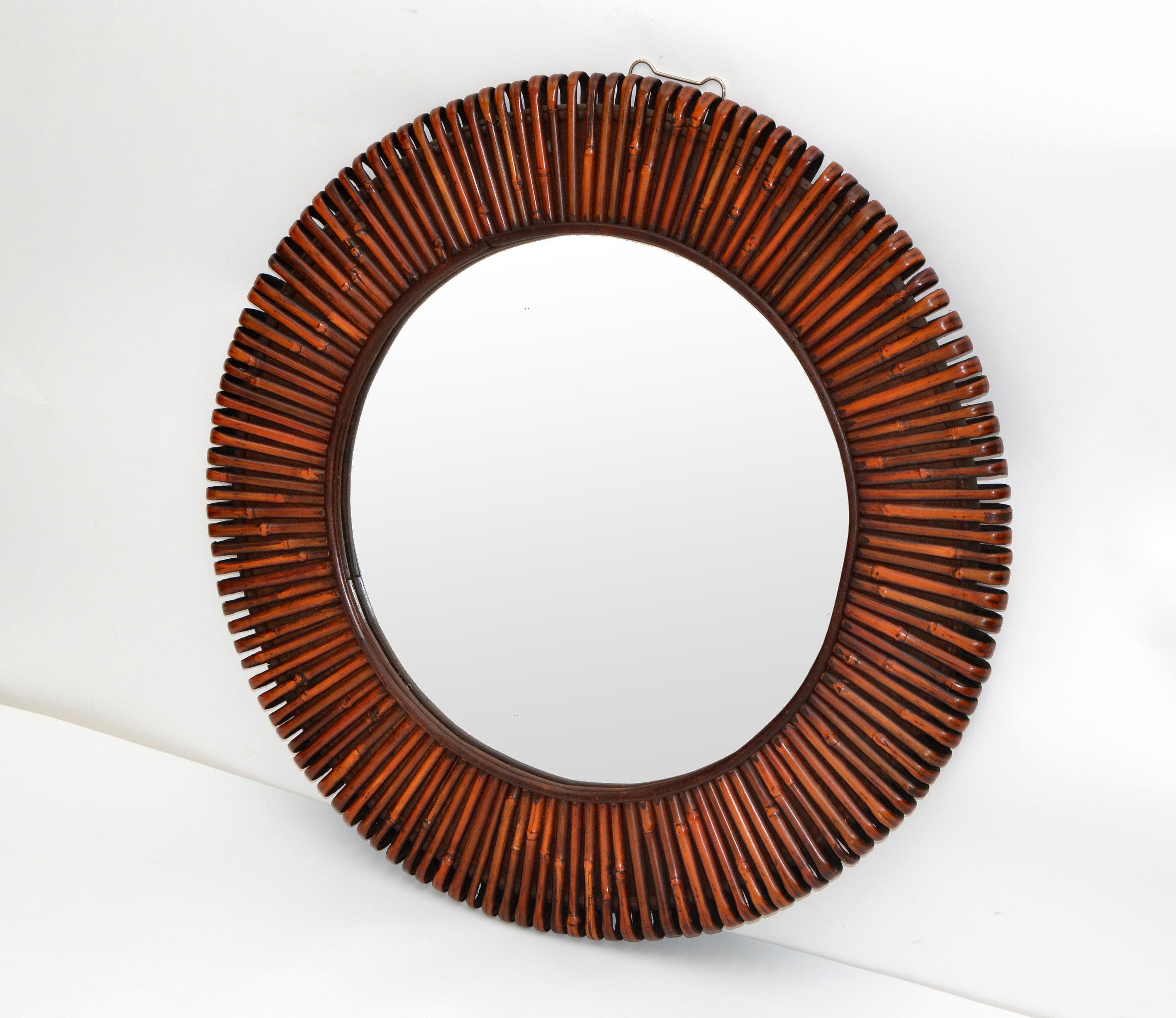 Mid-Century Modern Contemporary Handcrafted Round Bent Rattan and Wood Mirror