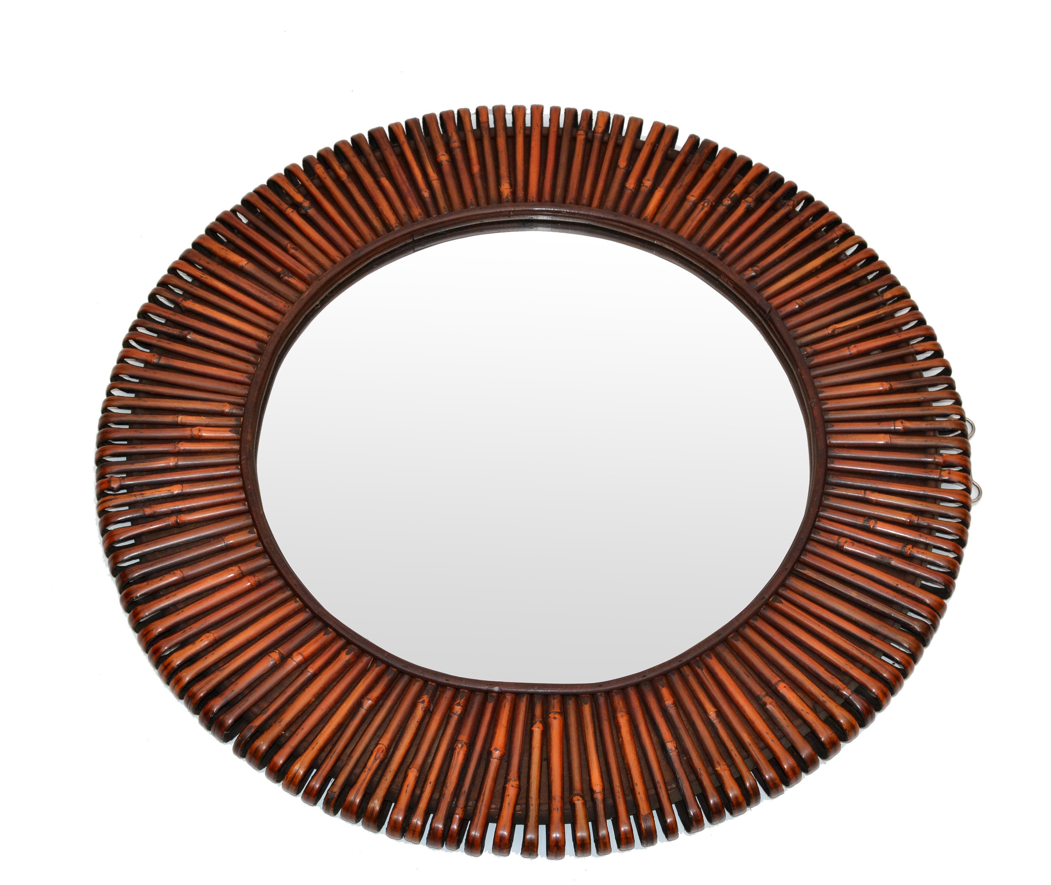 Contemporary Handcrafted Round Bent Rattan and Wood Mirror 1