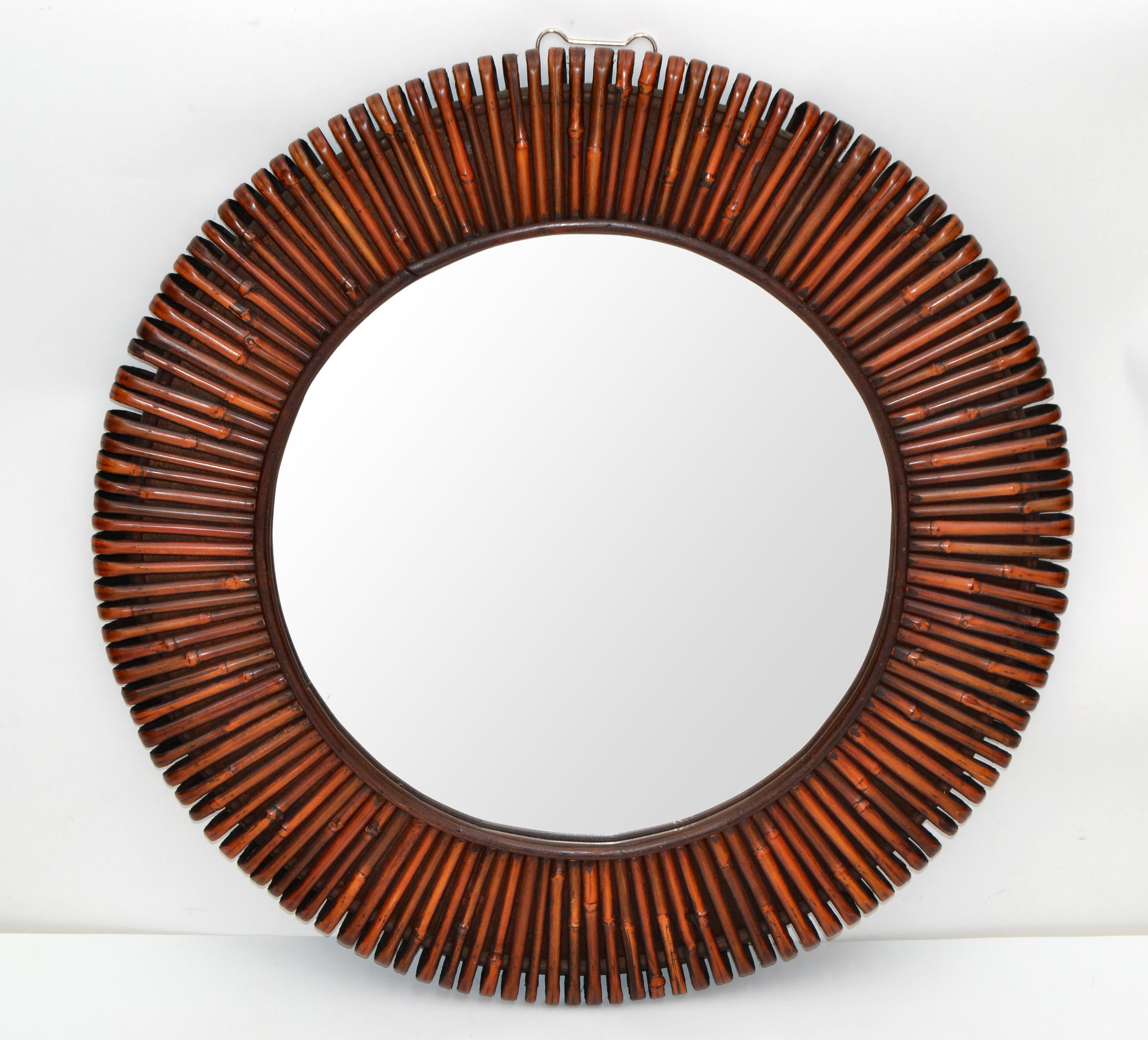 Contemporary Handcrafted Round Bent Rattan and Wood Mirror 1