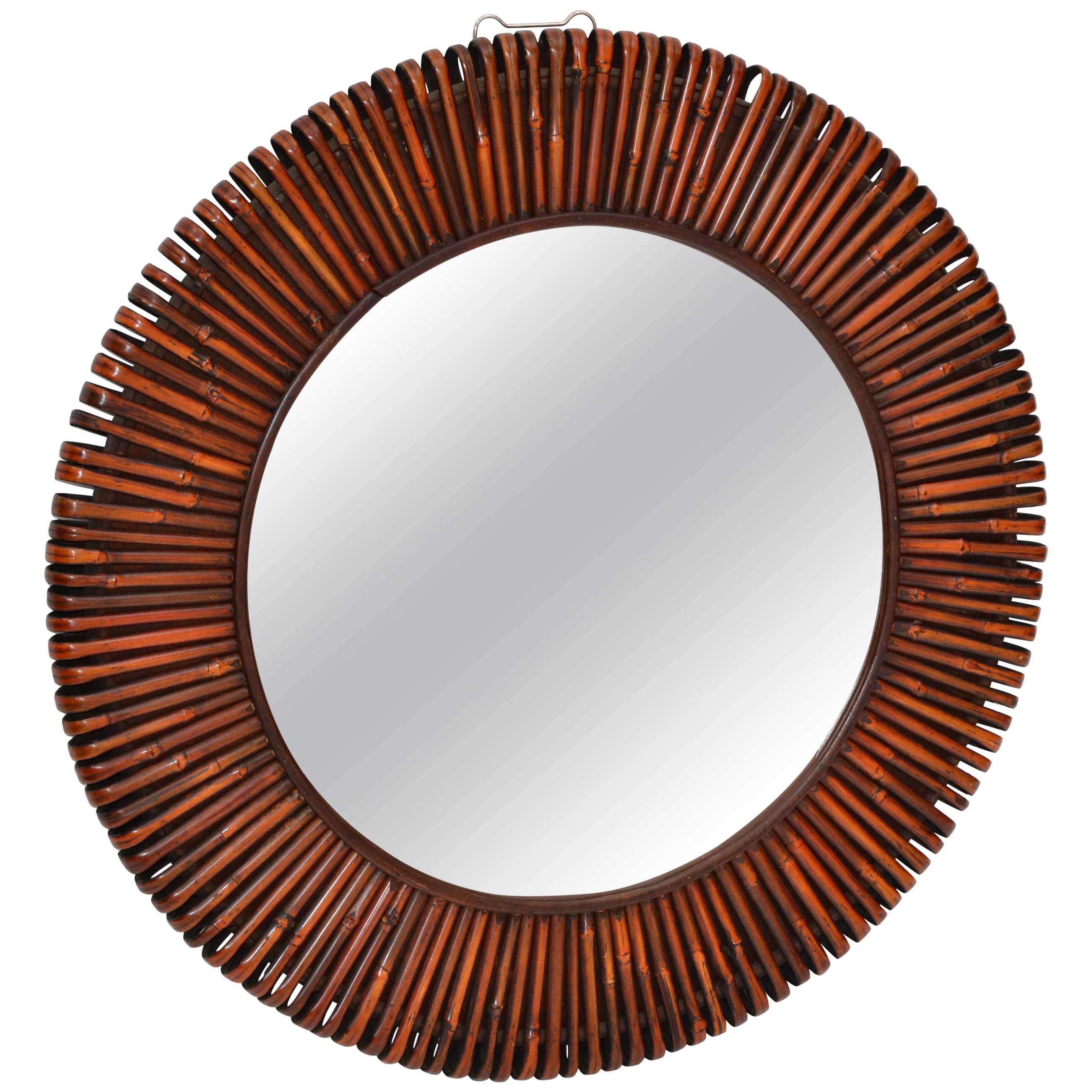 Contemporary Handcrafted Round Bent Rattan and Wood Mirror