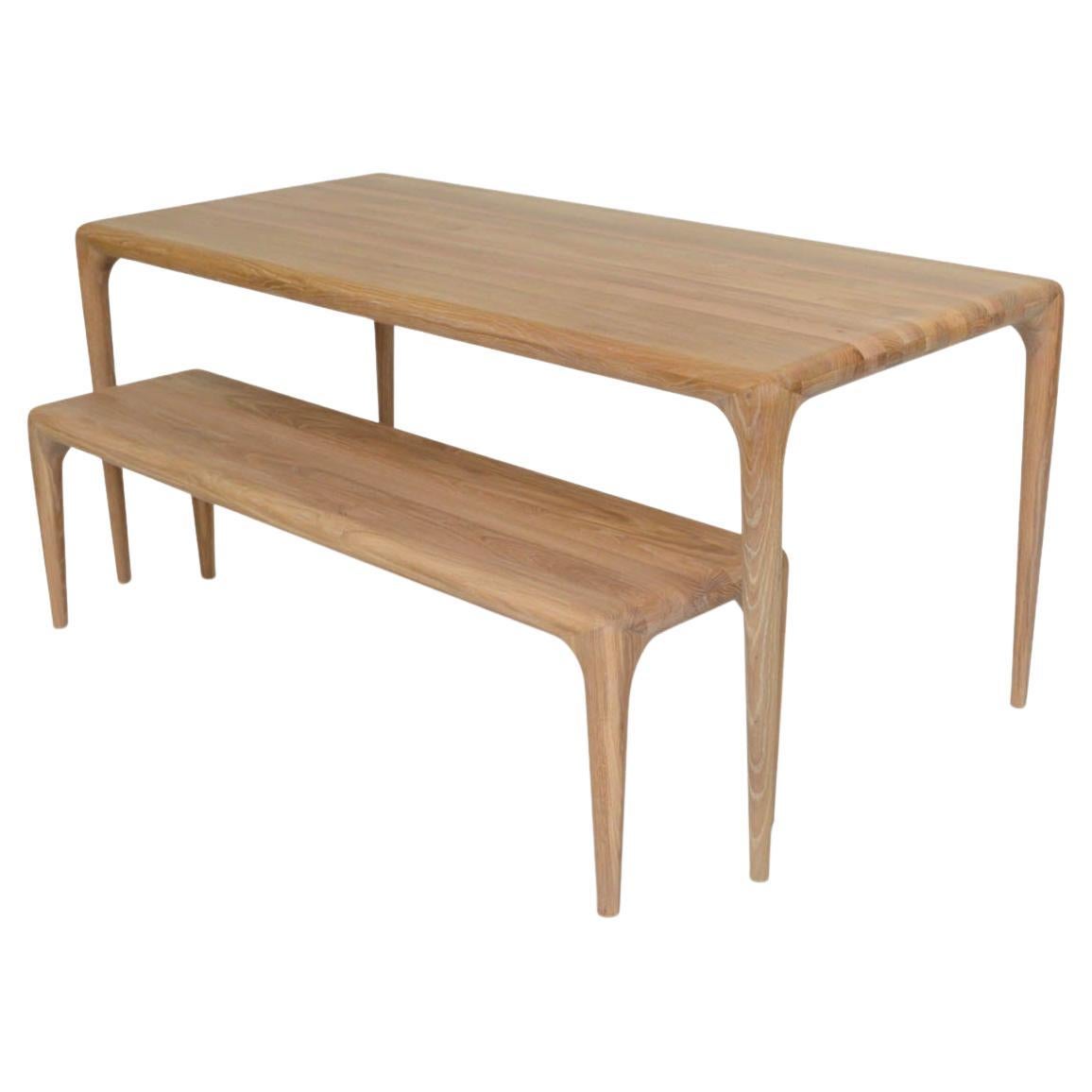 Dining table + bench in phenomenal mostly handcrafted wood work. 
THE BENCH, CHAIRS AND WALNUT TABLE AND CHAIRS ARE NOT INCLUDED IN THIS LISTING.
This is the best of the best and the table can be ordered in different sizes and quantities. The table