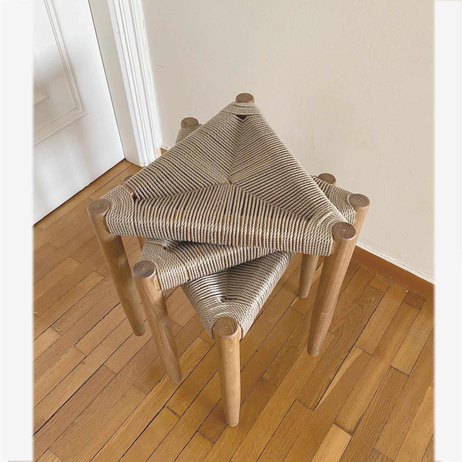 Contemporary Handcrafted Solid Wood and Rope Tripod Stool 