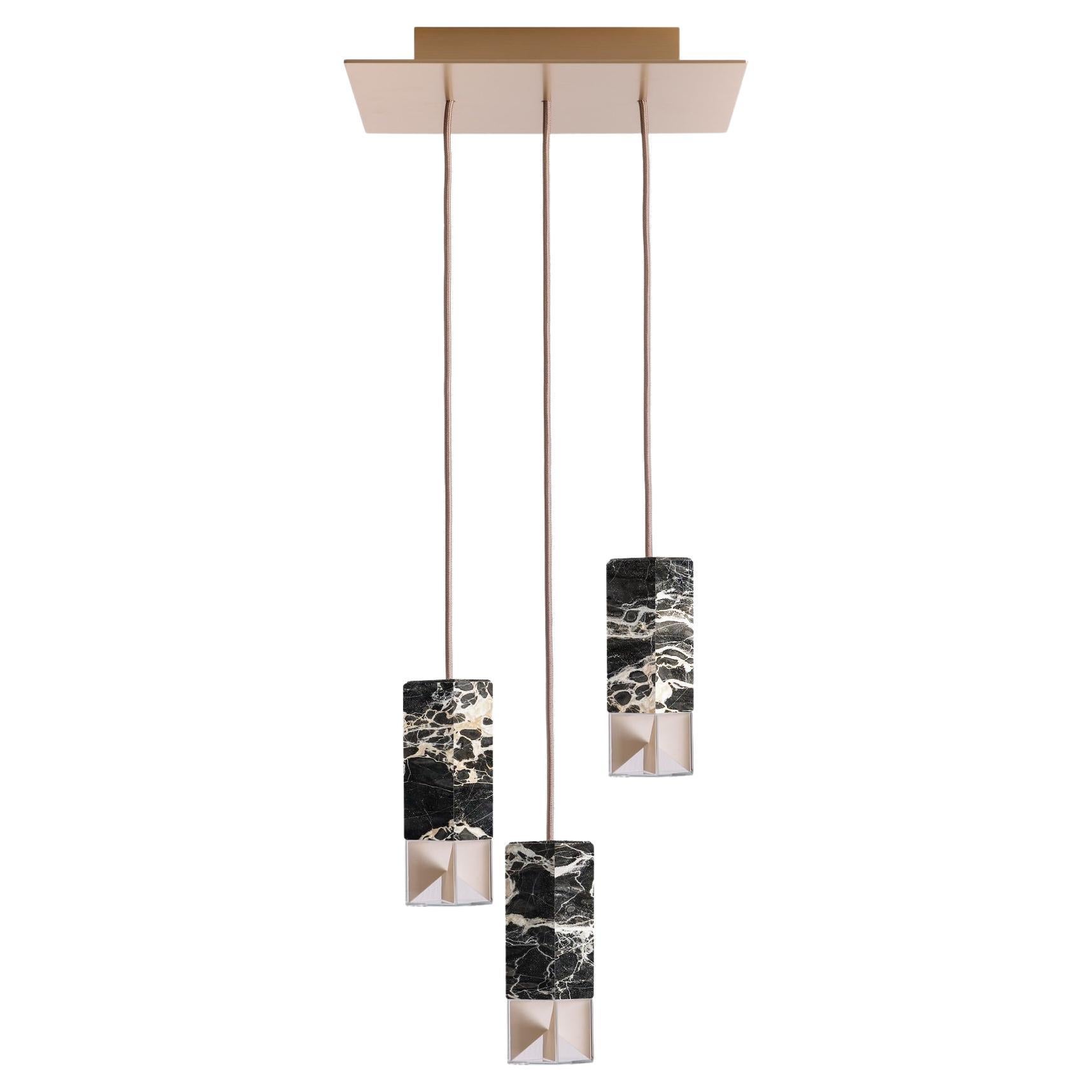 Contemporary Handmade Gold Black Marble Trio Chandelier by Formaminima For Sale
