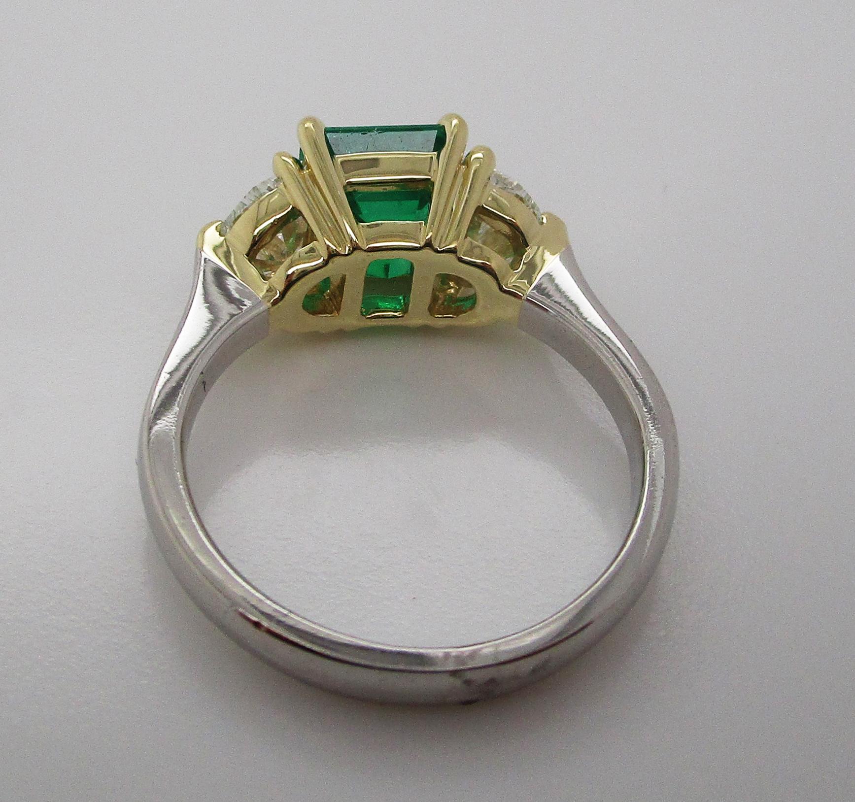Contemporary Handmade 18K Yellow Gold Platinum Emerald Diamond Three-Stone Ring 5