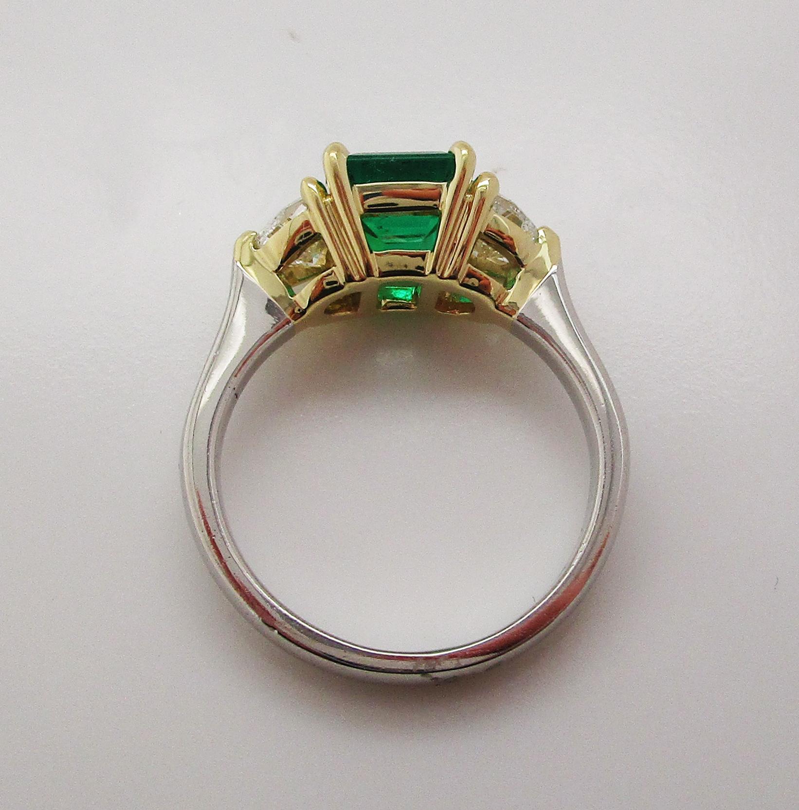 Contemporary Handmade 18K Yellow Gold Platinum Emerald Diamond Three-Stone Ring 7