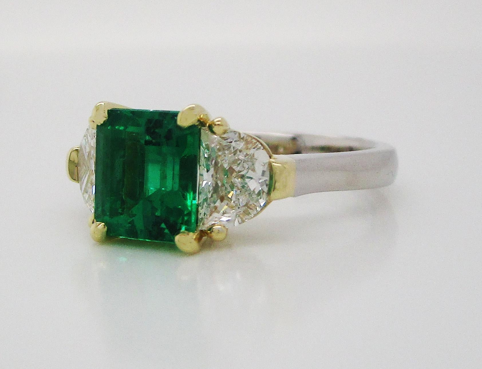 Emerald Cut Contemporary Handmade 18K Yellow Gold Platinum Emerald Diamond Three-Stone Ring