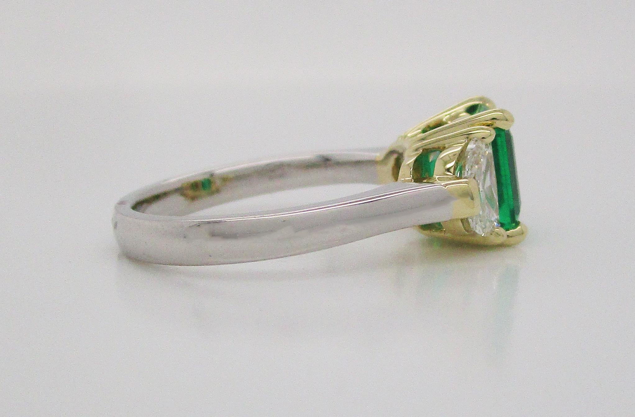 Contemporary Handmade 18K Yellow Gold Platinum Emerald Diamond Three-Stone Ring 4