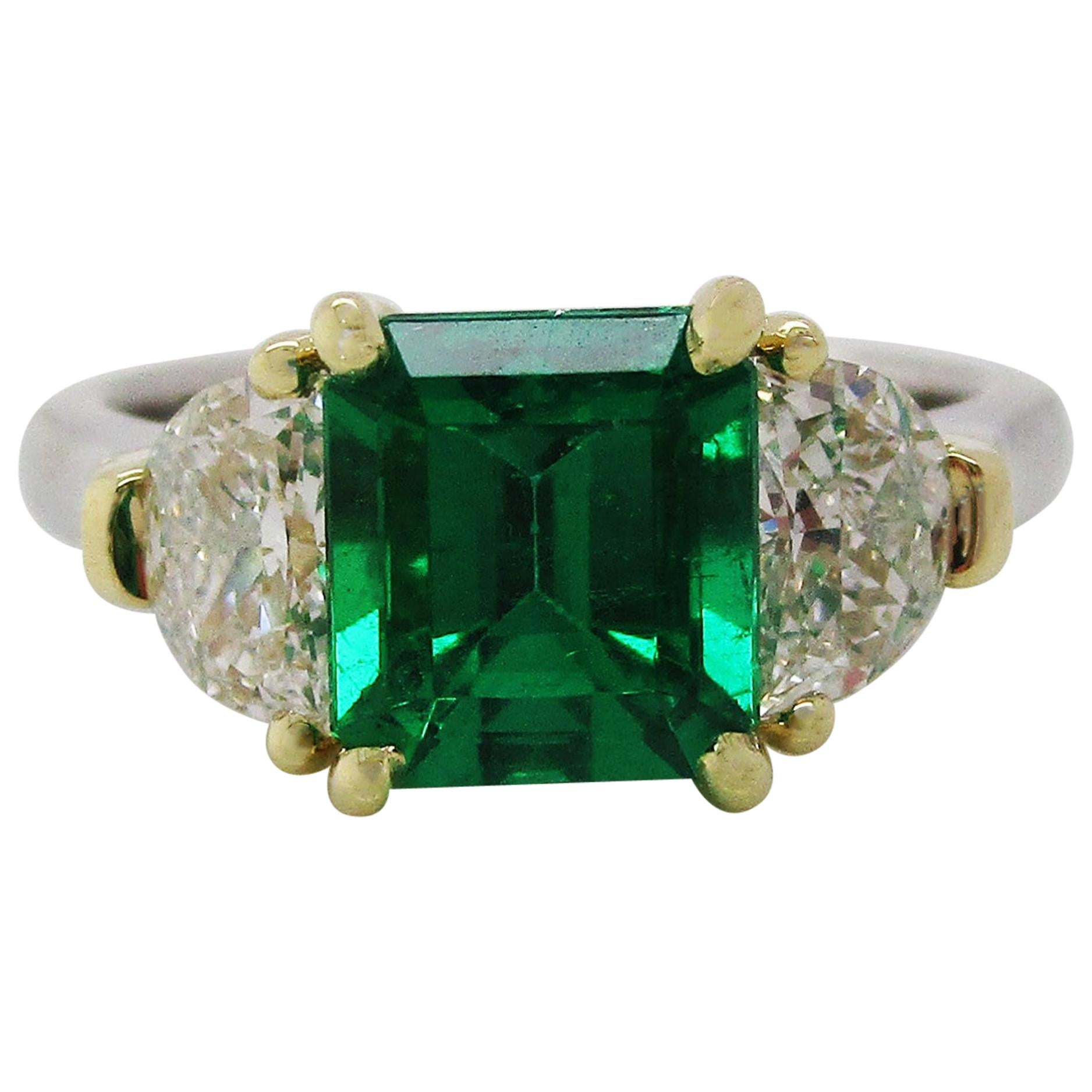Contemporary Handmade 18K Yellow Gold Platinum Emerald Diamond Three-Stone Ring