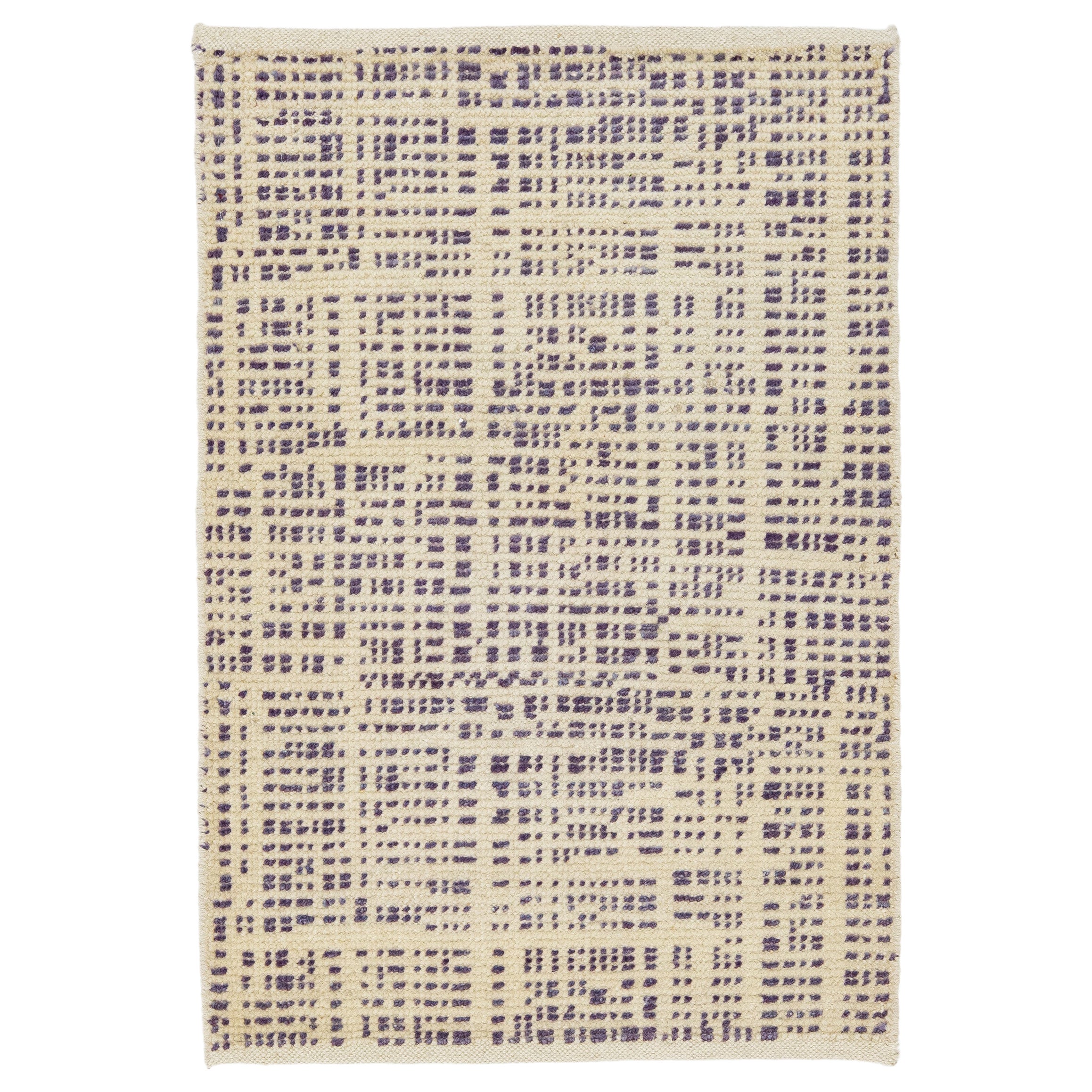 Tappeto contemporaneo fatto a mano in lana personalizzato beige e viola con motivo Allover
