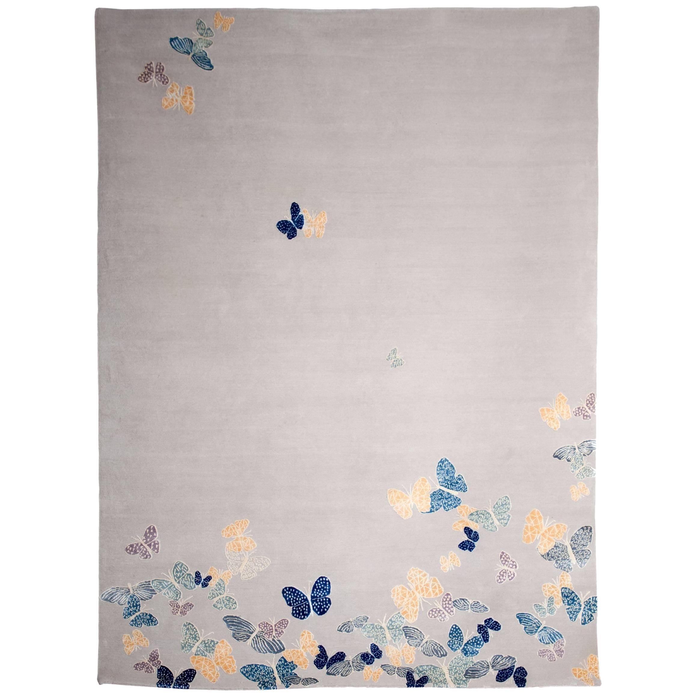 Contemporary Handmade Beige Wool & Silk Rug with Butterfly