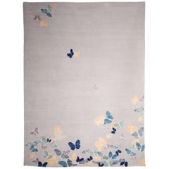Contemporary Handmade Beige Wool & Silk Rug with Butterfly