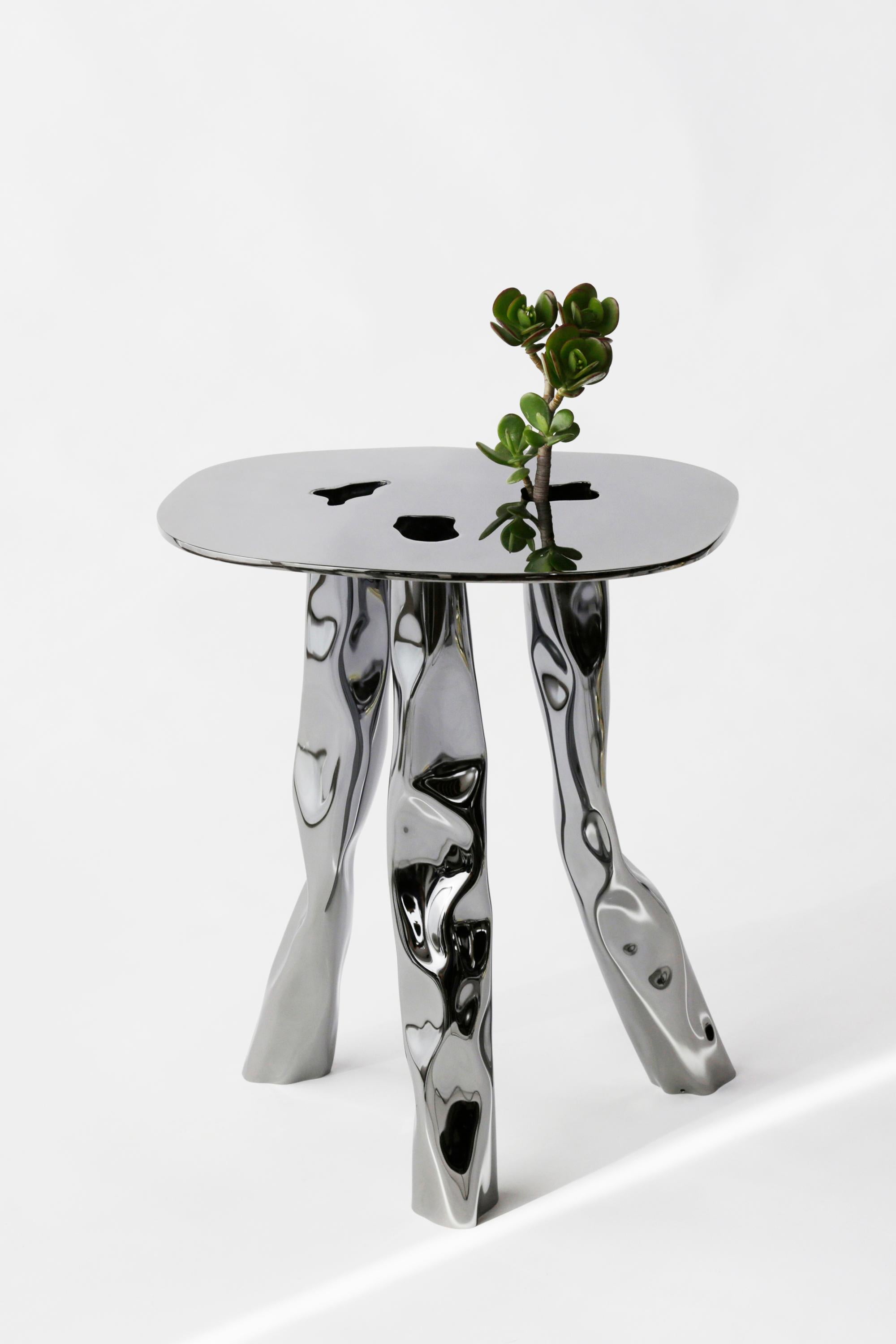Commissioned by Etage Projects for Salon Art + Design, 2017. Side table made of black nickel-plated crushed brass. Handmade by Soft Baroque in London. Different sizes, shapes and finishes available.