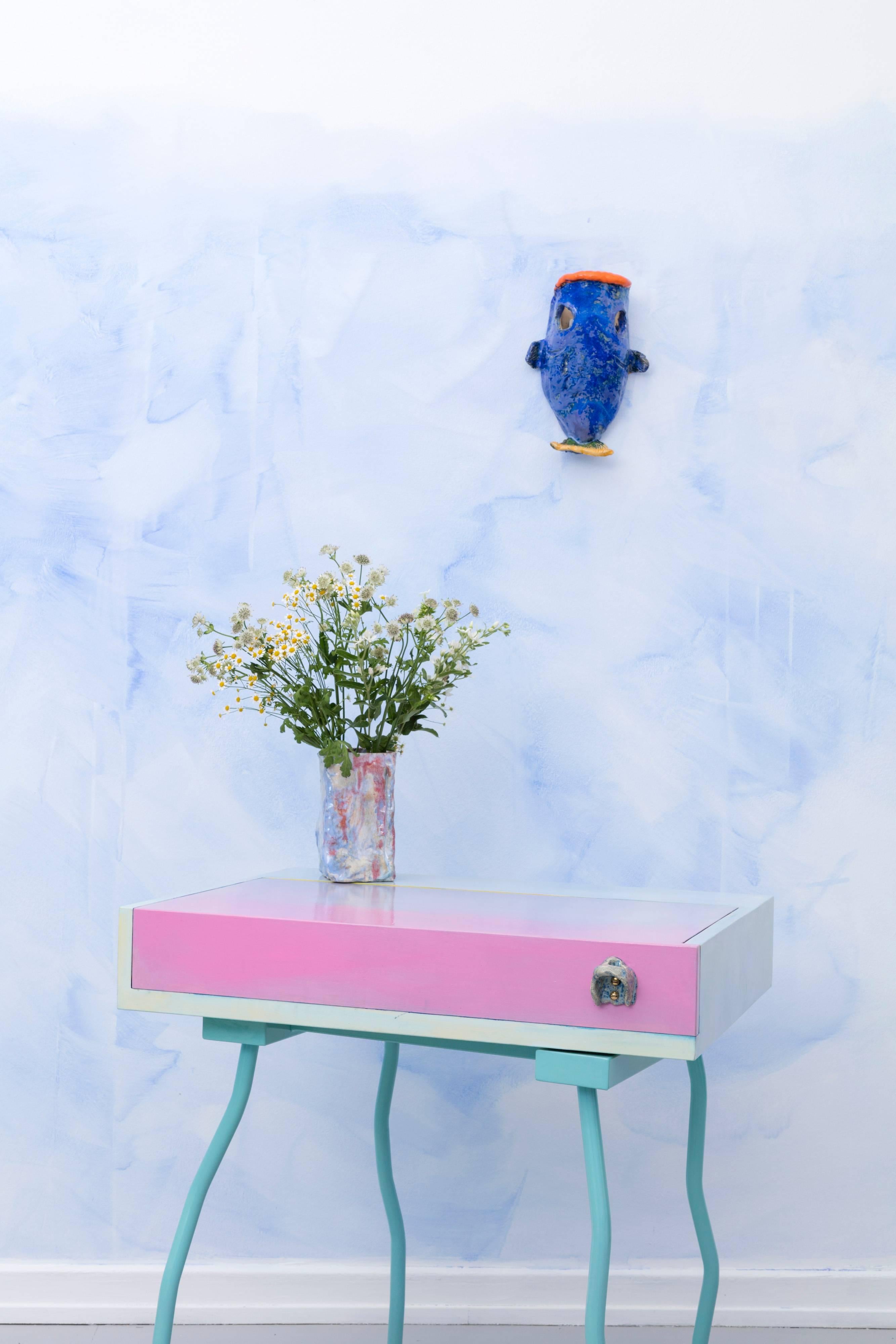 Contemporary handmade blue and pink bureau desk by Superpoly
Ceramics displayed inside are not included

For their solo exhibition 