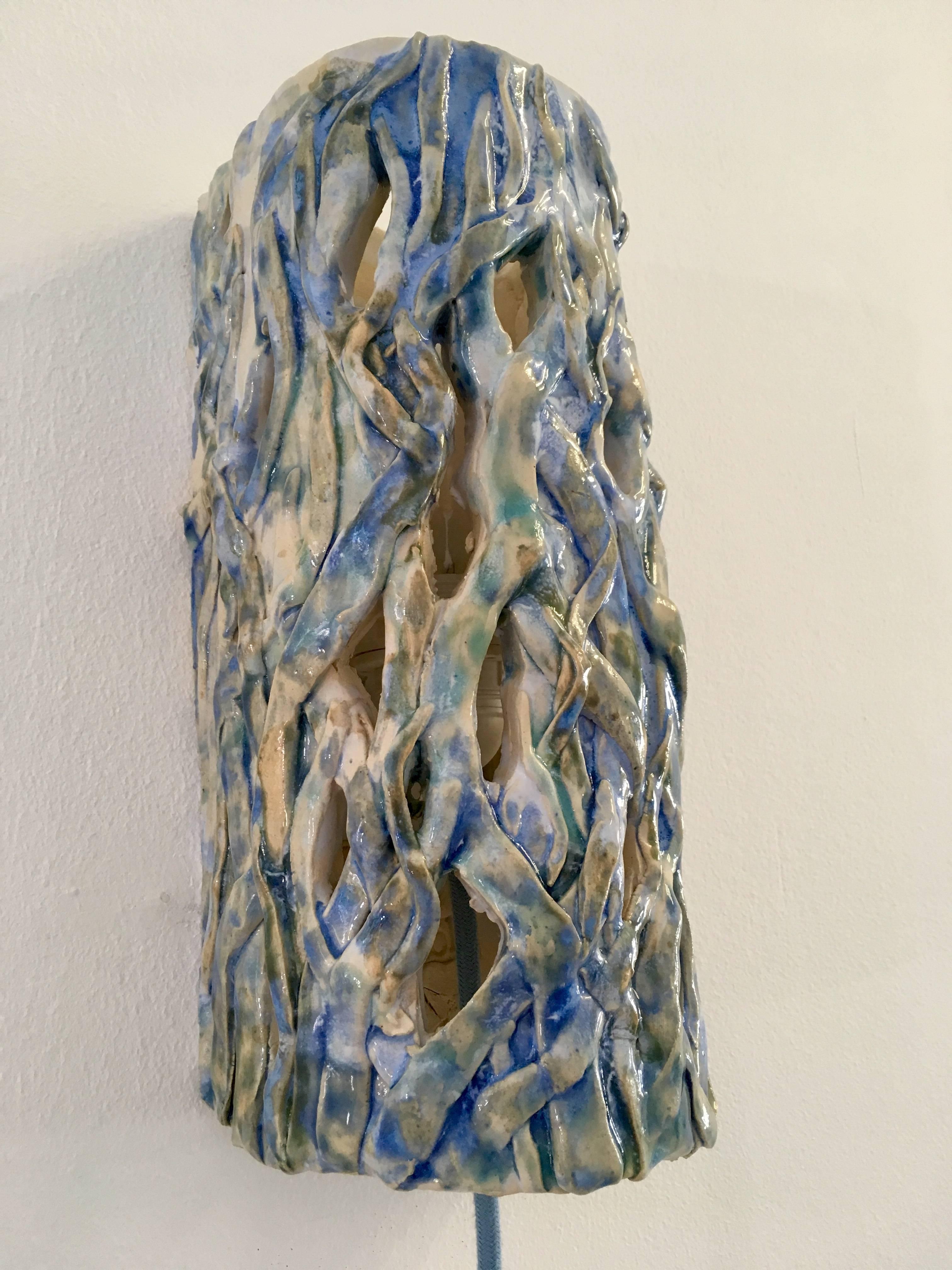 Modern Contemporary Handmade Blue Ceramic Wall Lamp 'Chez Albert 2' For Sale