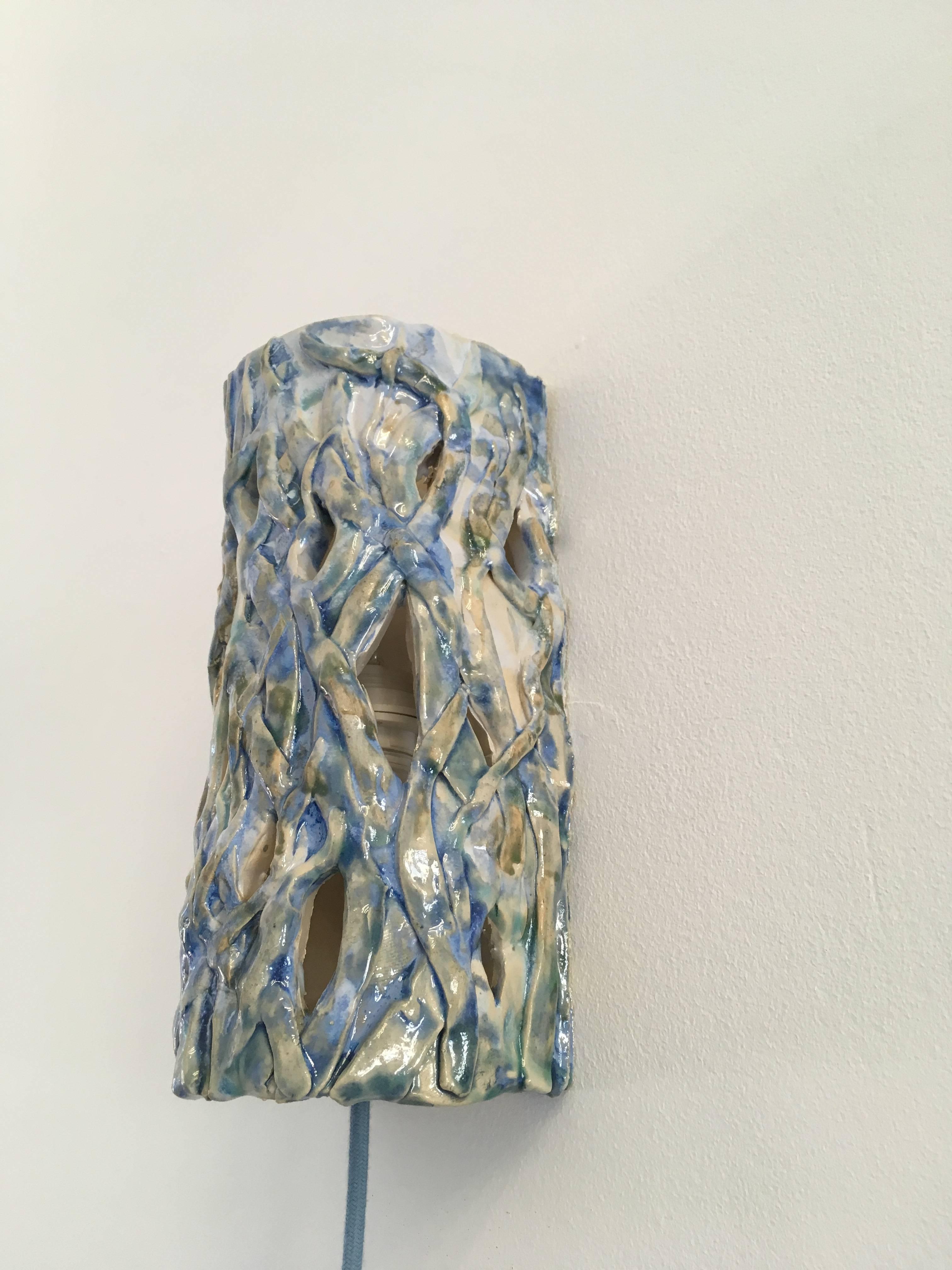 French Contemporary Handmade Blue Ceramic Wall Lamp 'Chez Albert 2' For Sale