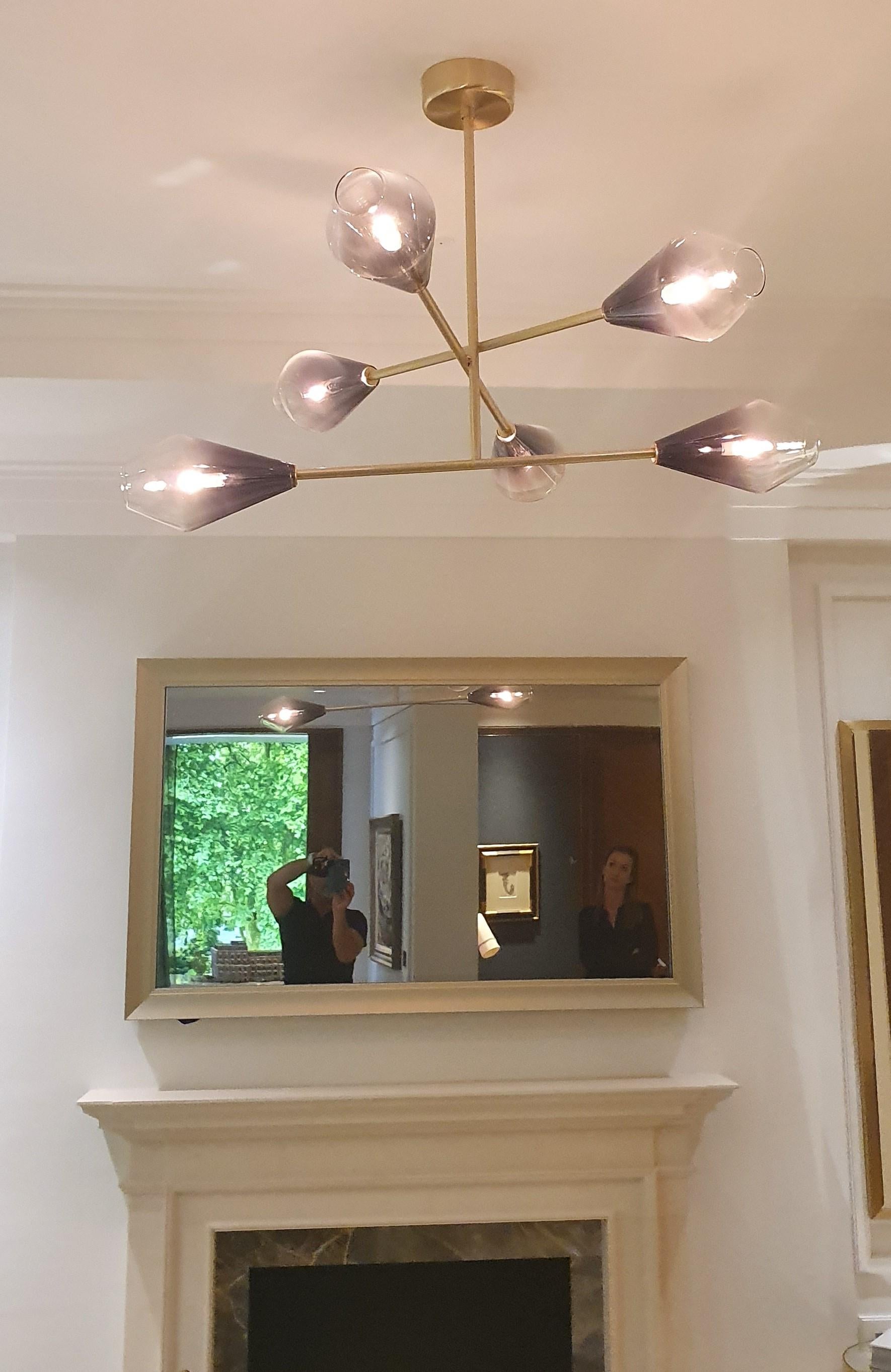 Contemporary handmade Brass chandelier with mouth blown frosted Glass shades For Sale 4