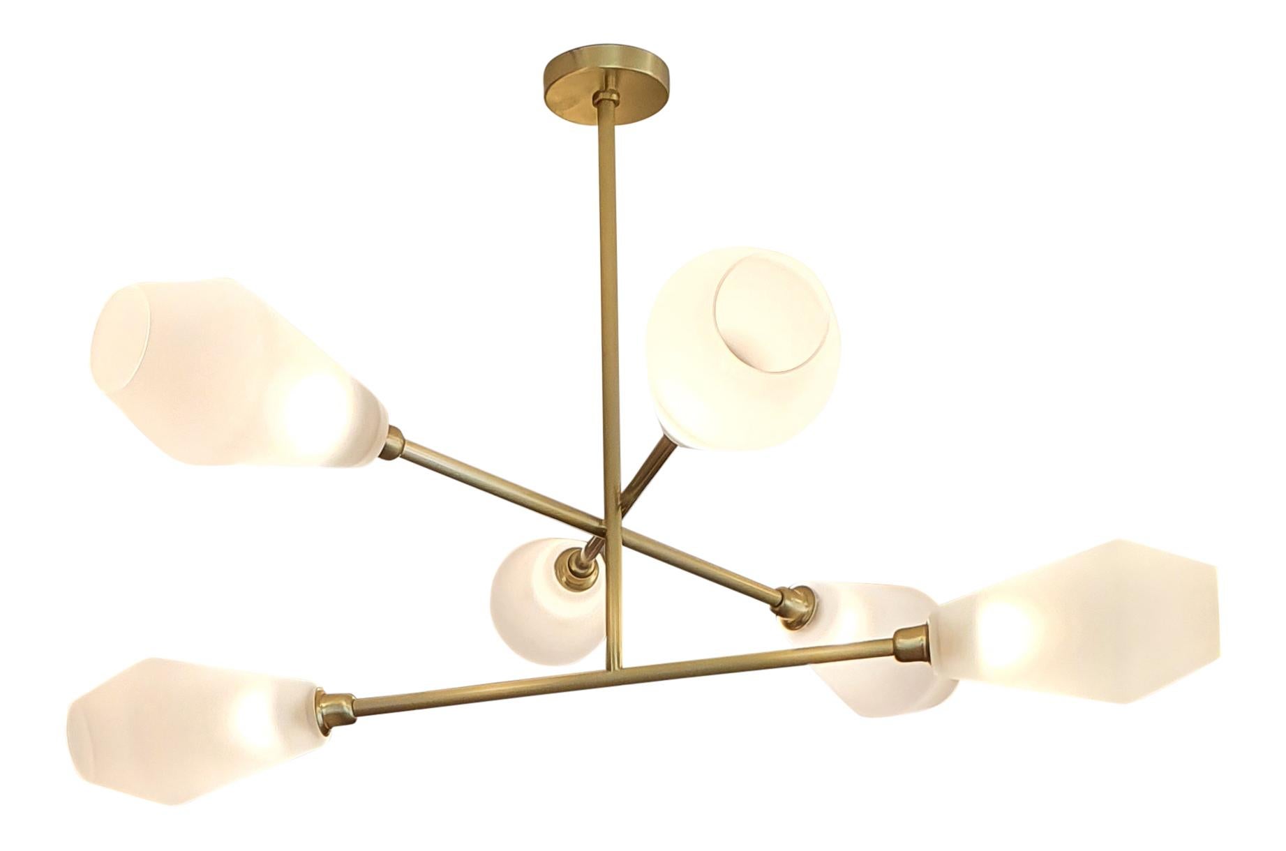 Mid-Century Modern Contemporary handmade Brass chandelier with mouth blown frosted Glass shades For Sale